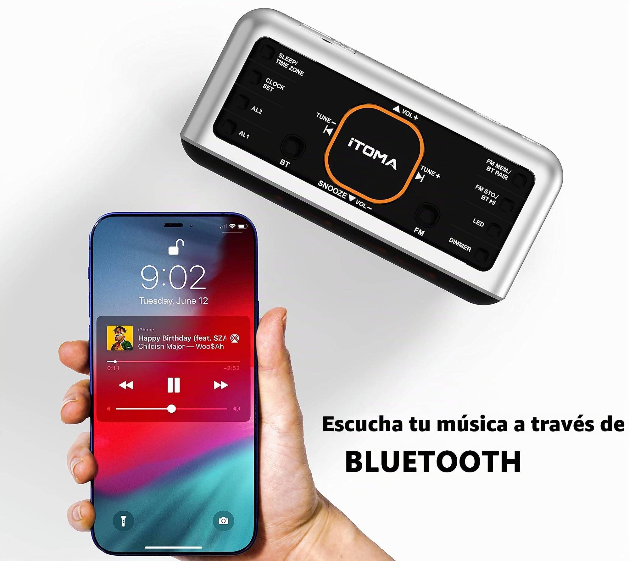 iTOMA Despertador de Radio con Control de aplicación, Bluetooth, Radio FM, Dual en Cuatro Modos de Despertador, Siesta fácil, atenuador, luz Naranja Nocturna, Puerto Cargador USB 208
