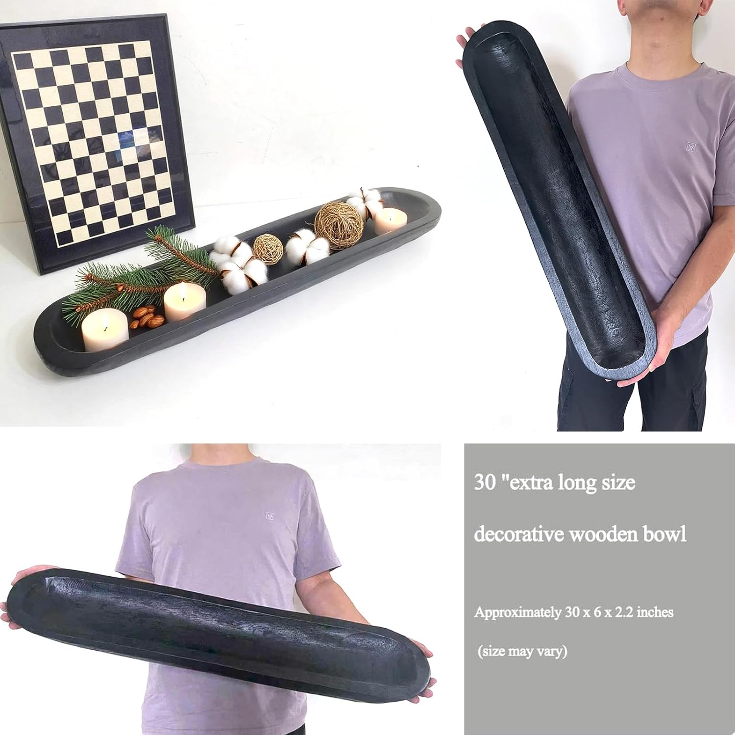 Wooden Dough Bowls Decorative，Rustic Bread Long Bowls Decor Wood Tray, Hand Carved for Table Centerpiece Decor, Home Decor (30 * 6 * 2 inch Black)