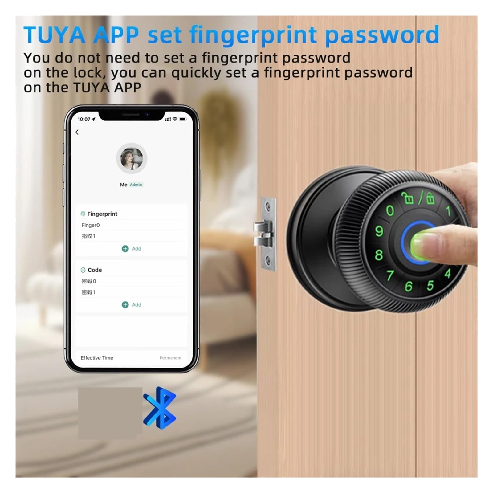 Q6 Smart Fingerprint Door Lock Round Knob Electronic with Password/Key APP Unlock(Q6 Black)