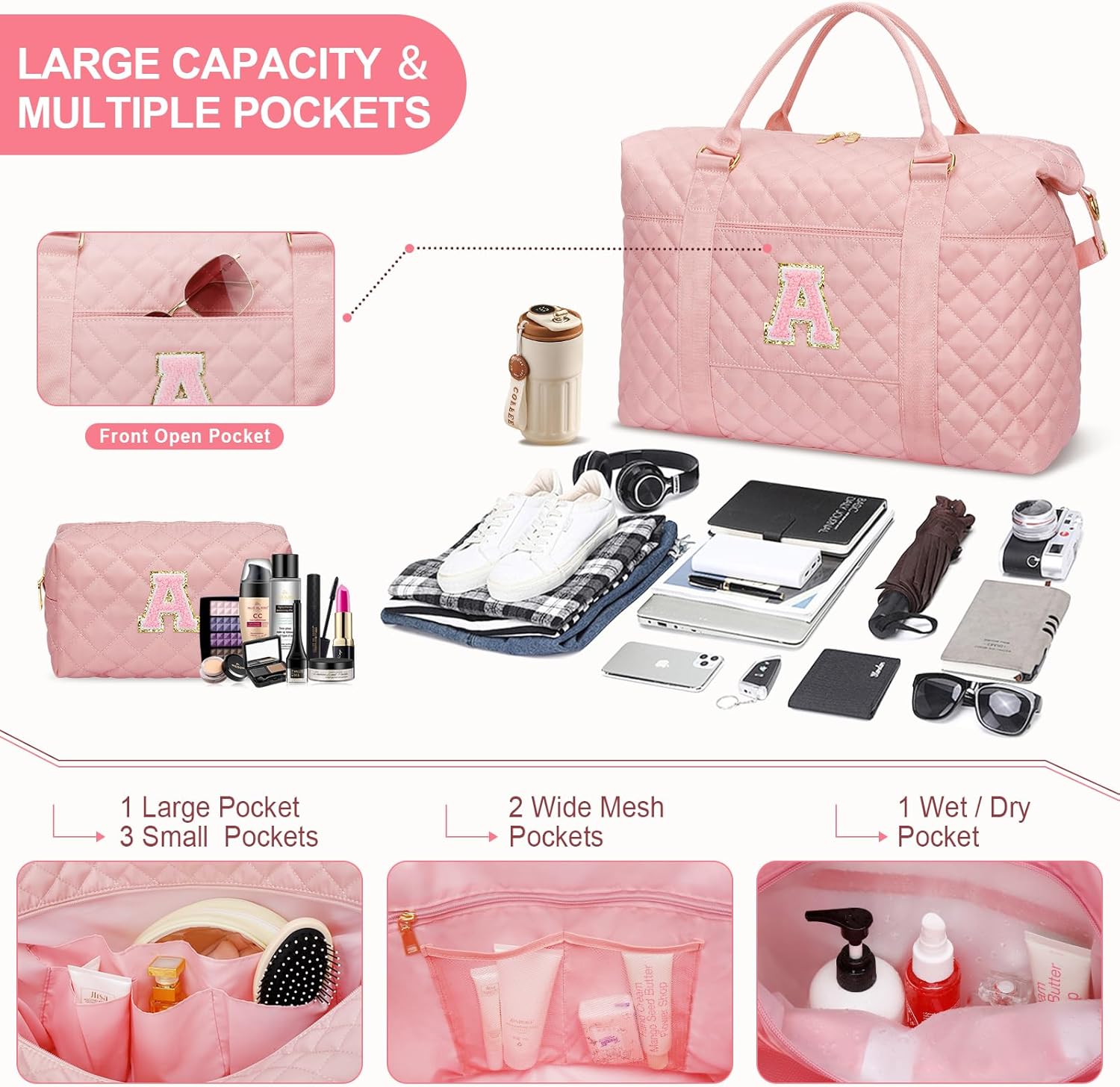 Valentines Gifts for Teen Girl, Initial Travel Duffle Bag, Personalized Women Weekender Overnight Bags, Gift for Daughter Kid Girl Wife Friend（Pink,A) - Image 6
