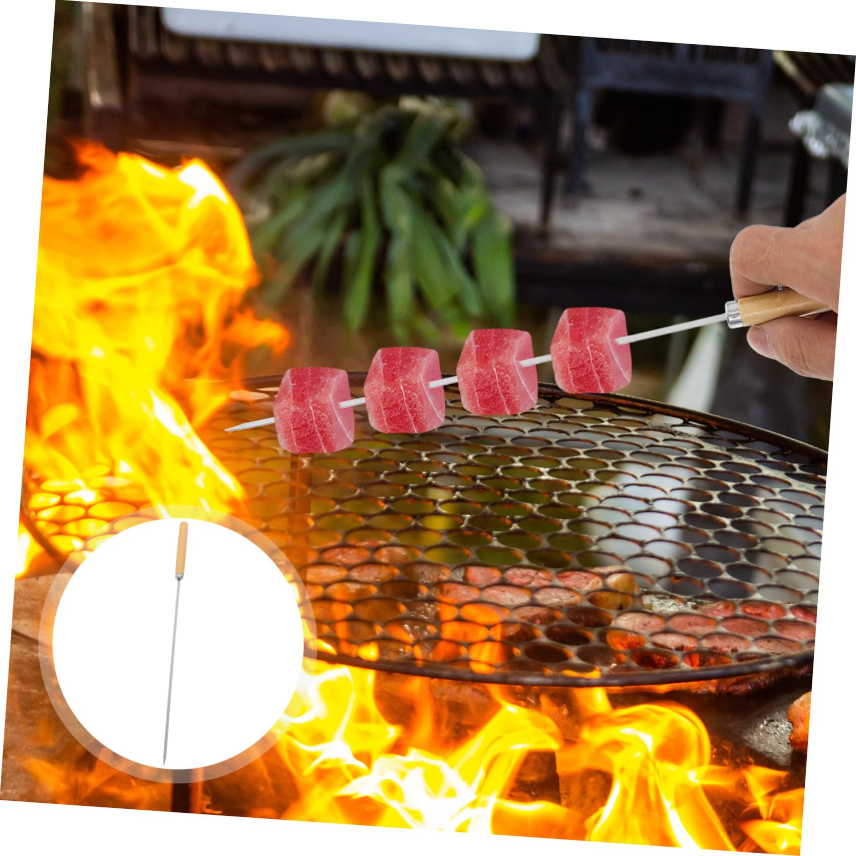 50pezzi Bastoncini in Acciaio Inossidabile Per Grigliate Spiedini Lunghi Per Barbecue All Aperto e Cottura Sul Fuoco Da Campo Manico in Legno Antiscivolo Da Spiedini Riutilizzabili