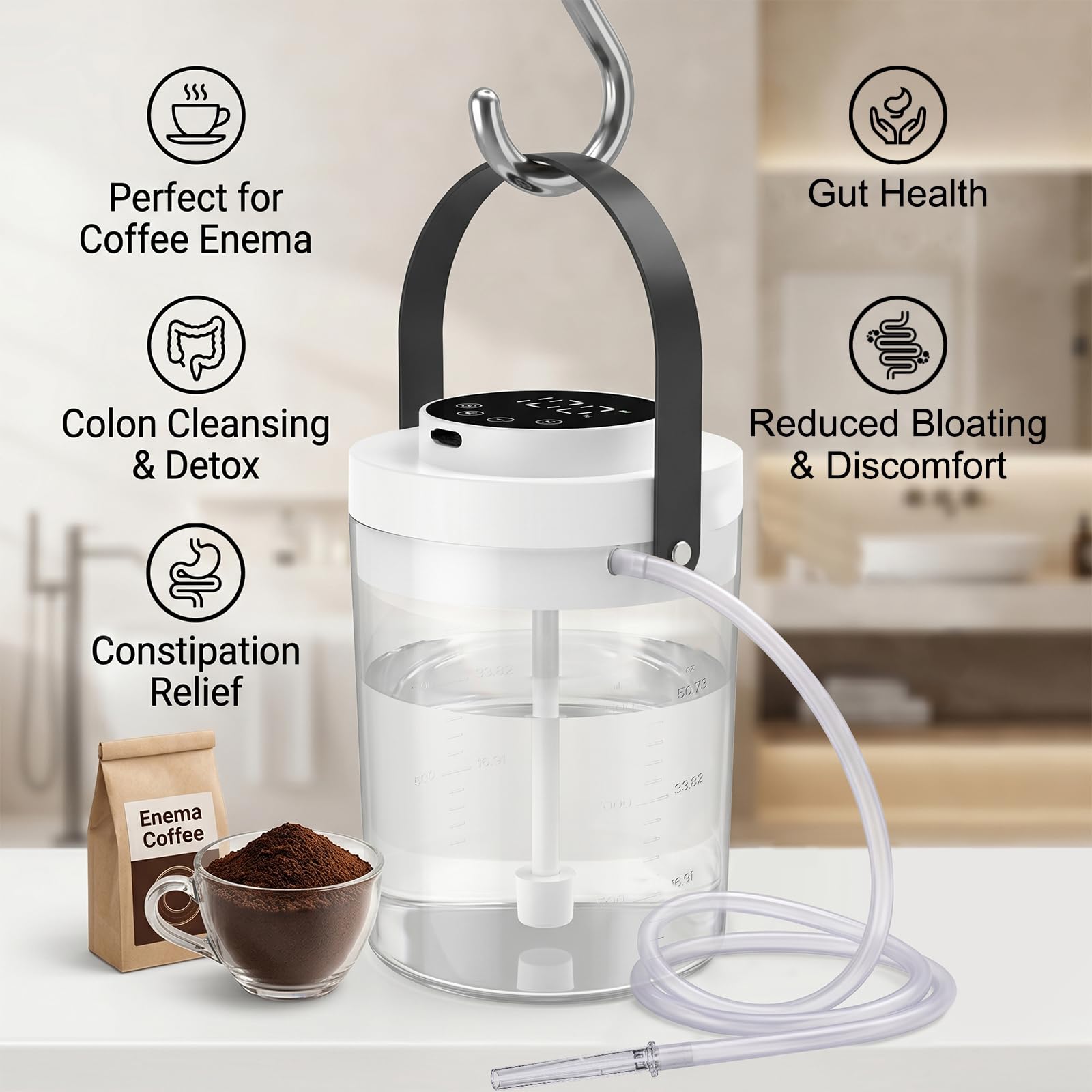 Kit de enema eléctrico portátil para limpieza intestinal para mujeres y hombres, con sabor a café, control de flujo eléctrico, tanque y pantalla LCD, función de pulverización a presión