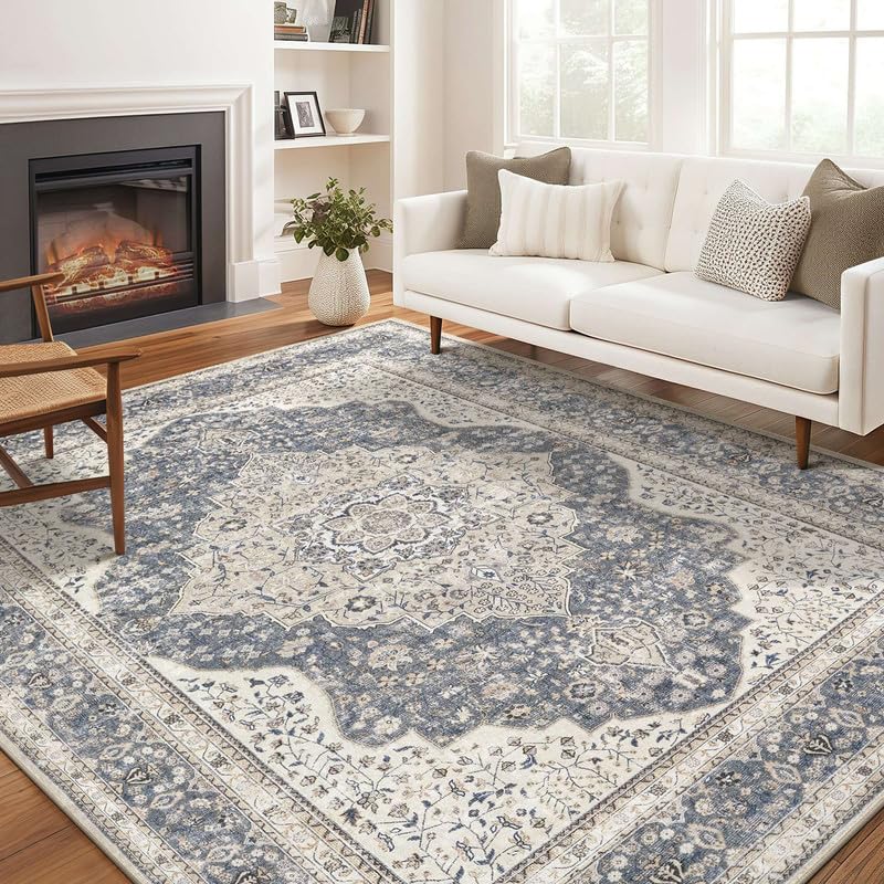 Washable Rug 8x10 Area Rugs for Living Room Bedroom Dining Room Home Office Floor Decor -Stain & Fade Resistant Non Slip Backing Carpet,Ultra-Thin Vintage Large Area Rug (Blue/Beige,8'x10')
