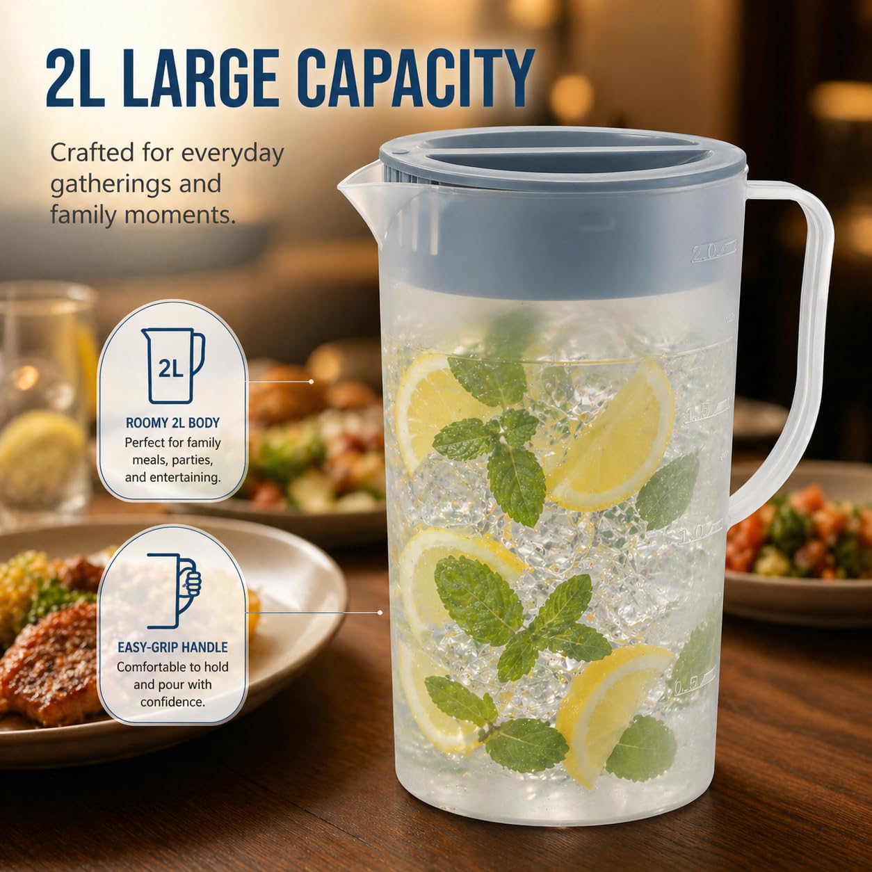 Caraffa per acqua in plastica da 2 l, con coperchio e manico, infrangibile, per frigorifero, caraffa trasparente per succo di limonata, latte, tè freddo e bevande fredde