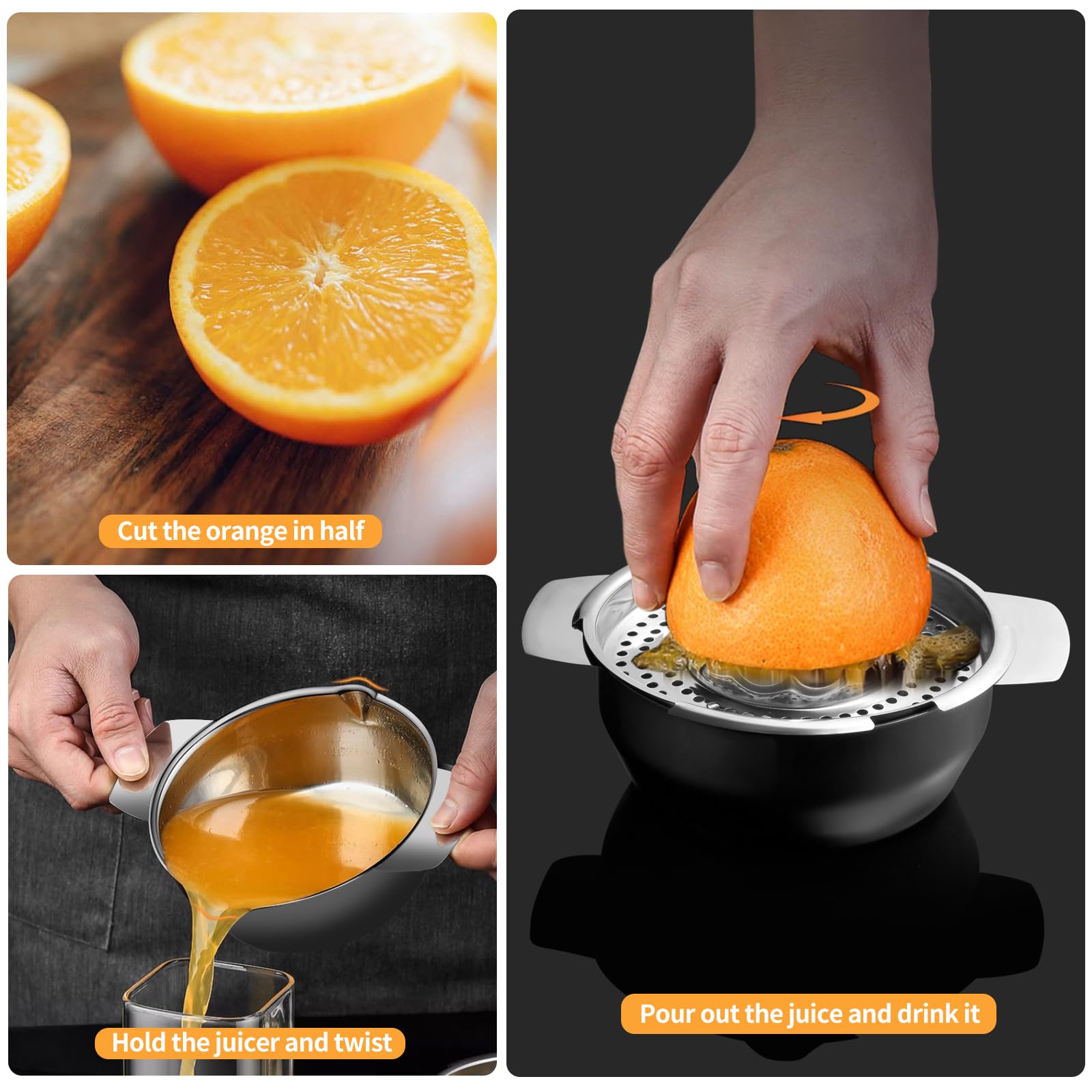 Exprimidor Manual de Cítricos en Acero Inoxidable, Juguera para Limones y Naranjas con Recipiente 400ml