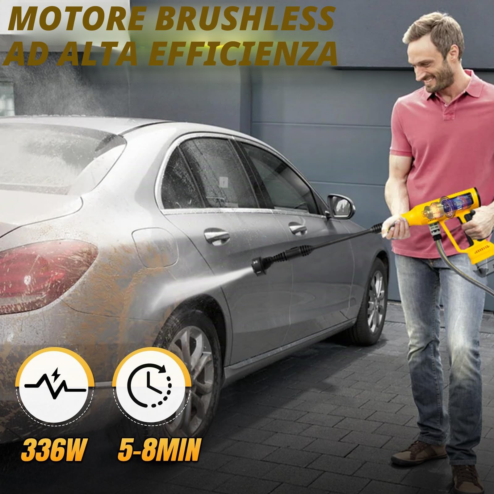 Rondella ad alta pressione a batteria compatibile con Dewalt 20V batteria (senza batterie), 340 W, 4 marce, pistola tubo 5 m, ugello 6 in 1, filtro, brocca schiuma, spazzola rotante