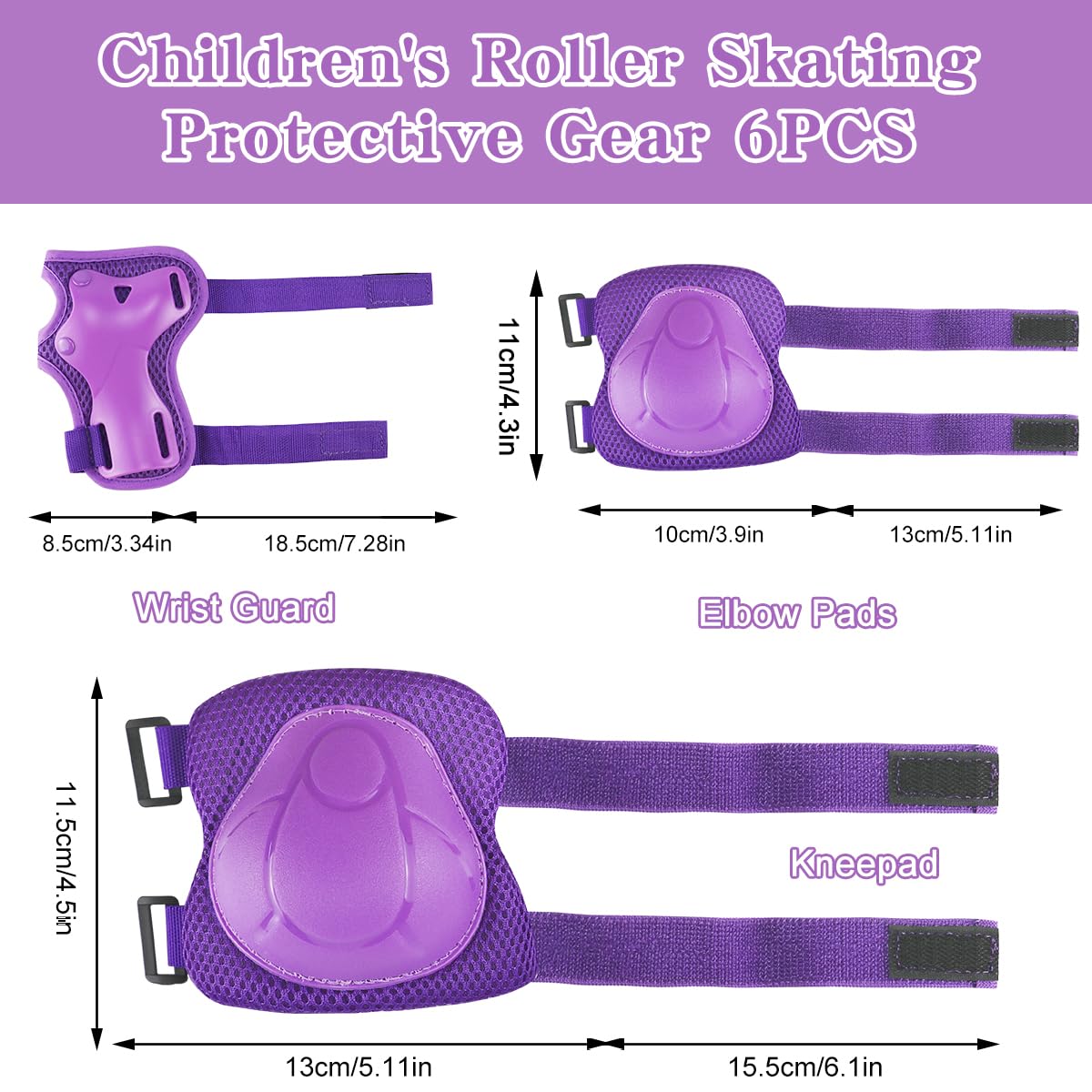 Protezioni Skateboard Bambini,Set di Protezioni Skateboard Bambini,Protezioni Skateboard Bambino,6-in 1 per Skateboarding,Pattinaggio Ruota Della Barca,Biciclette,Pattinaggio,Ciclismo(Viola)