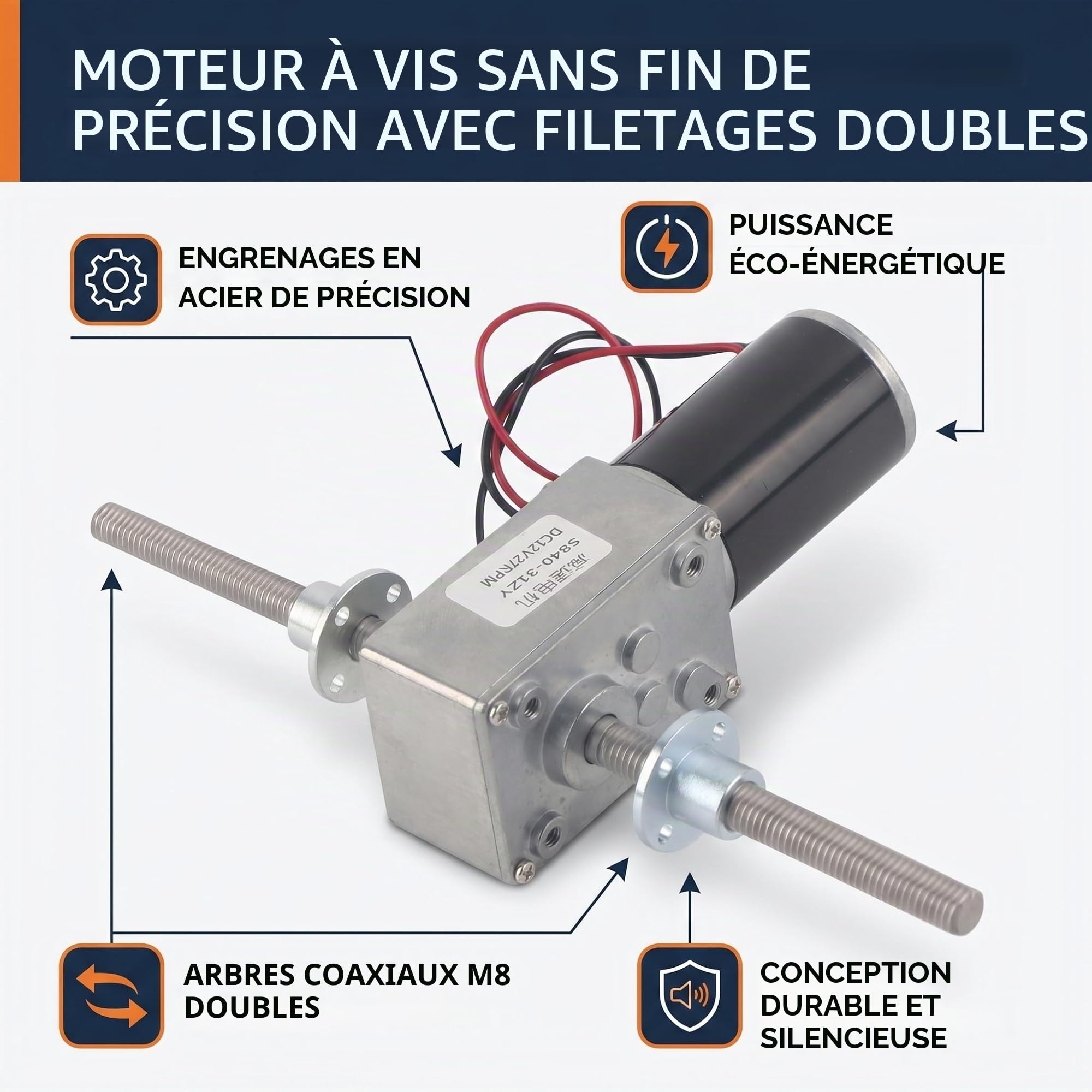 Moteur réducteur à vis sans fin M8 vis double arbre de sortie 1280 moteur avec bride denture positive et négative rapport de réduction 290