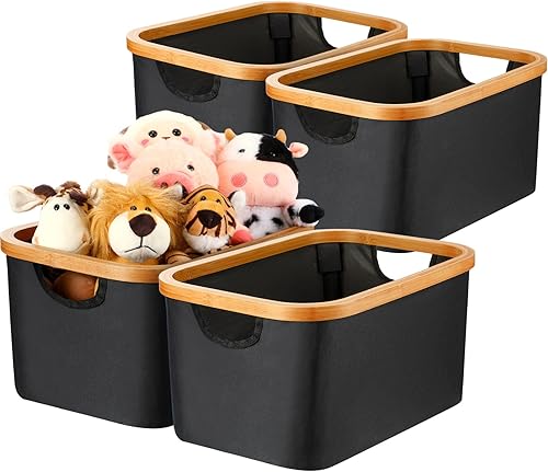 Miniatura 7 de 4 cestas de almacenamiento plegables con asas de bambú de 15 x 10.3 x 7.9 pulgadas, contenedores plegables de tela para organizar estantes, cuarto