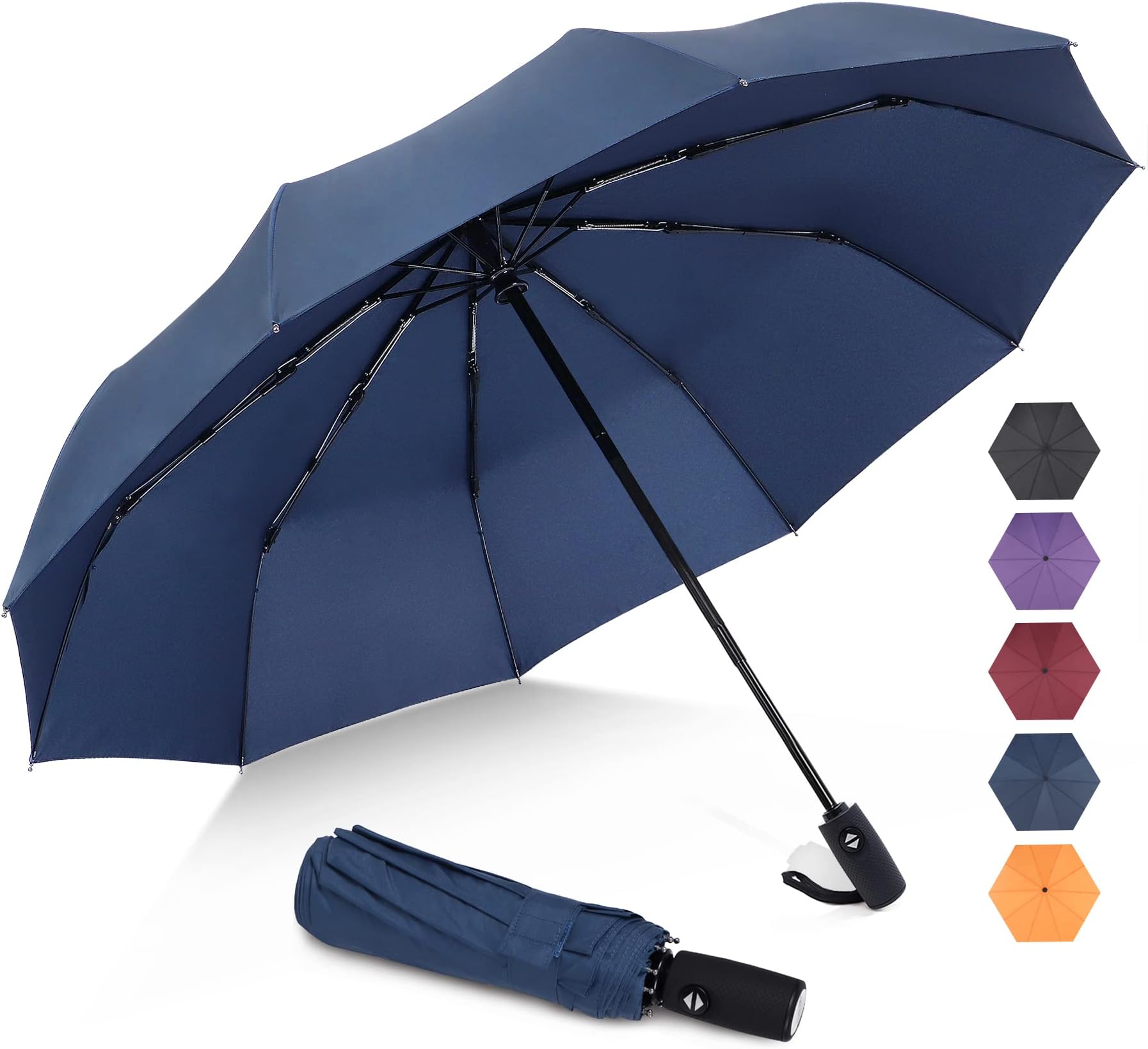 Travel Umbrella for Rain, Windproof Auto Open Umbrellas, Compact Folding Portable for Men Women Seniors Reinforced Frame Quick Dry(10 Ribs)