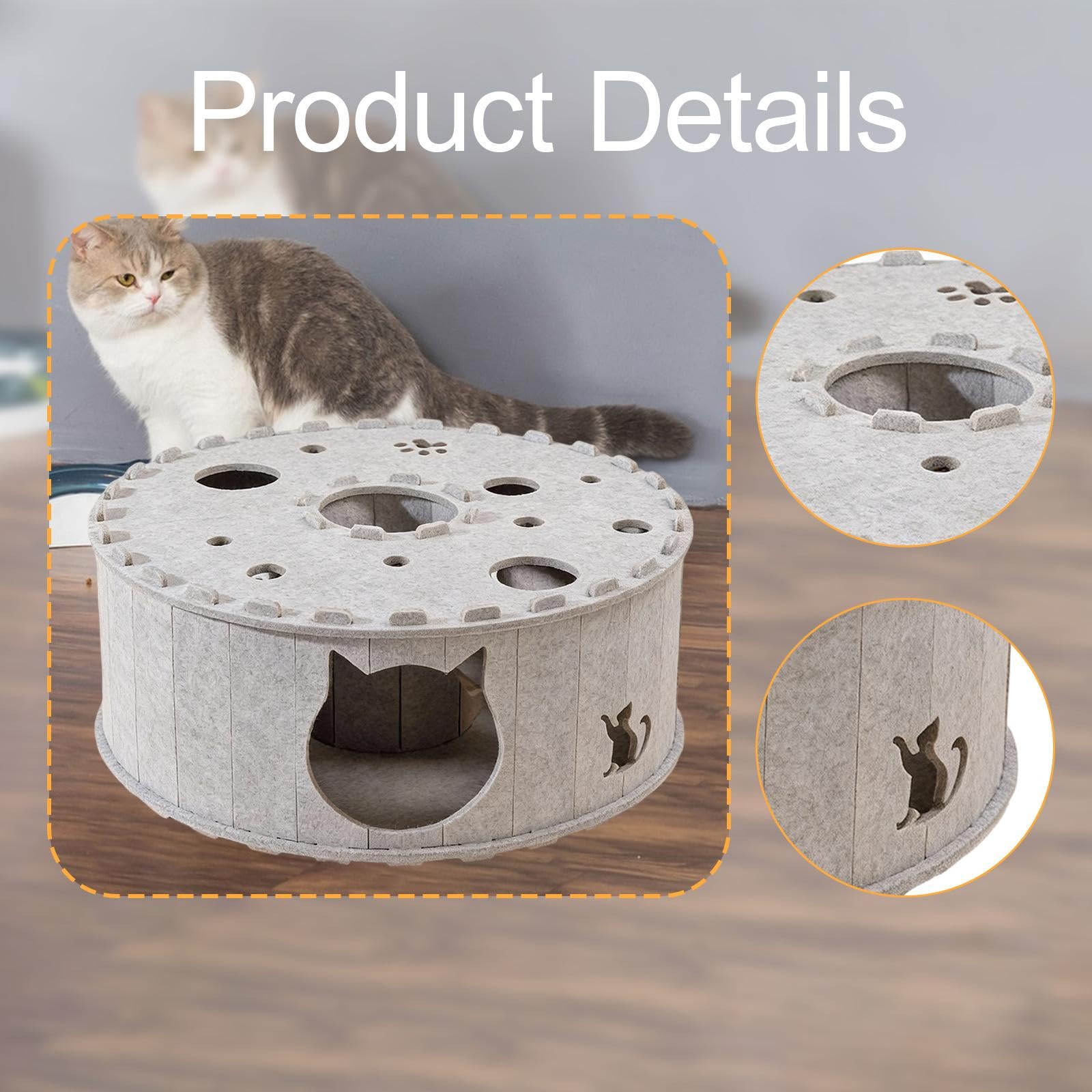 Tunnel pour Chat Lit Grotte Maison Tube pour Chaton Aire de Jeux Interactive Matériau Feutre Confortable Résistant Adapté Aux Chats Petits Mammifères, Gris