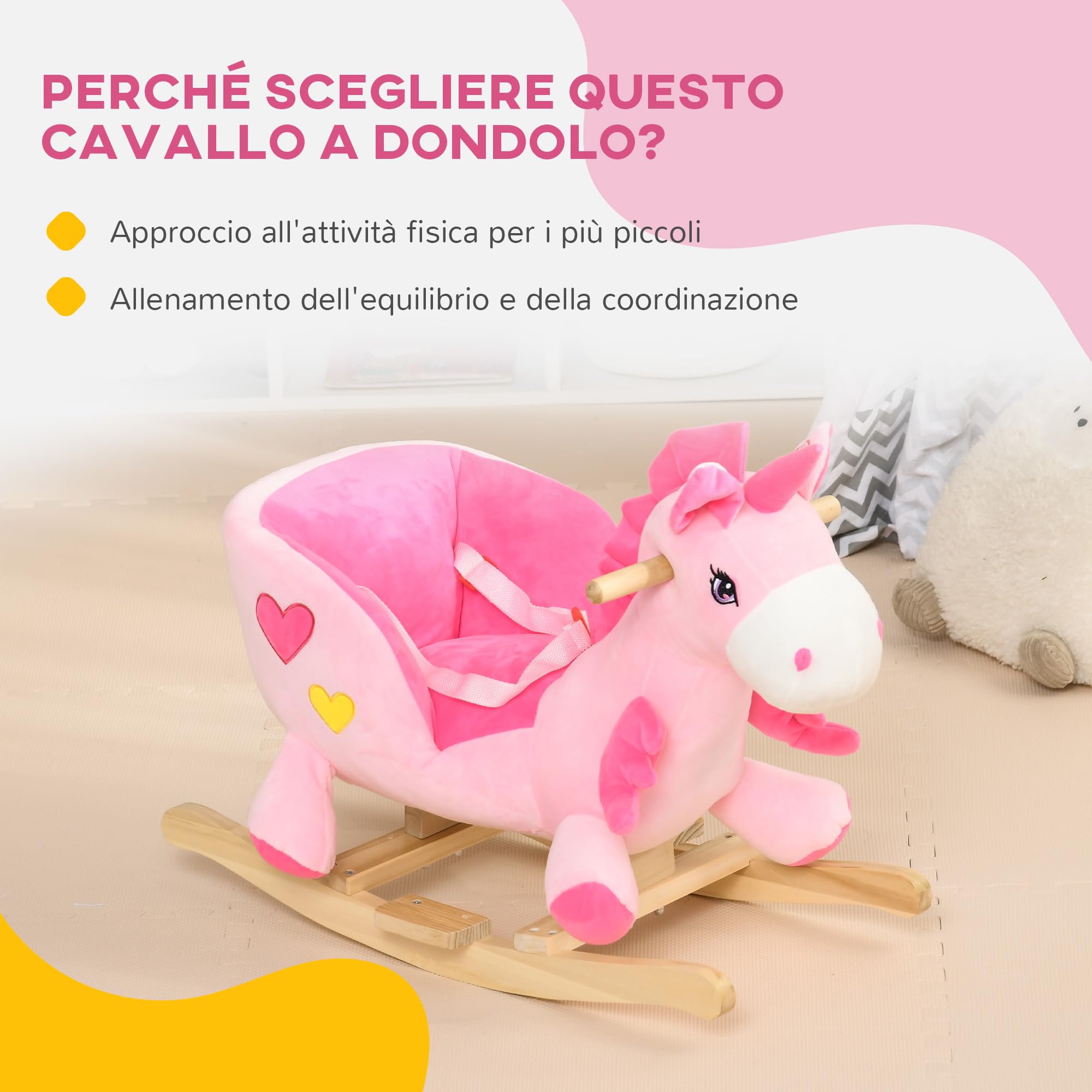 HOMCOM Cavallo a Dondolo con 32 Canzoni, Unicorno a Dondolo in Peluche con Base in Legno e Cintura di Sicurezza per Bambini da 18-36 Mesi, Rosa