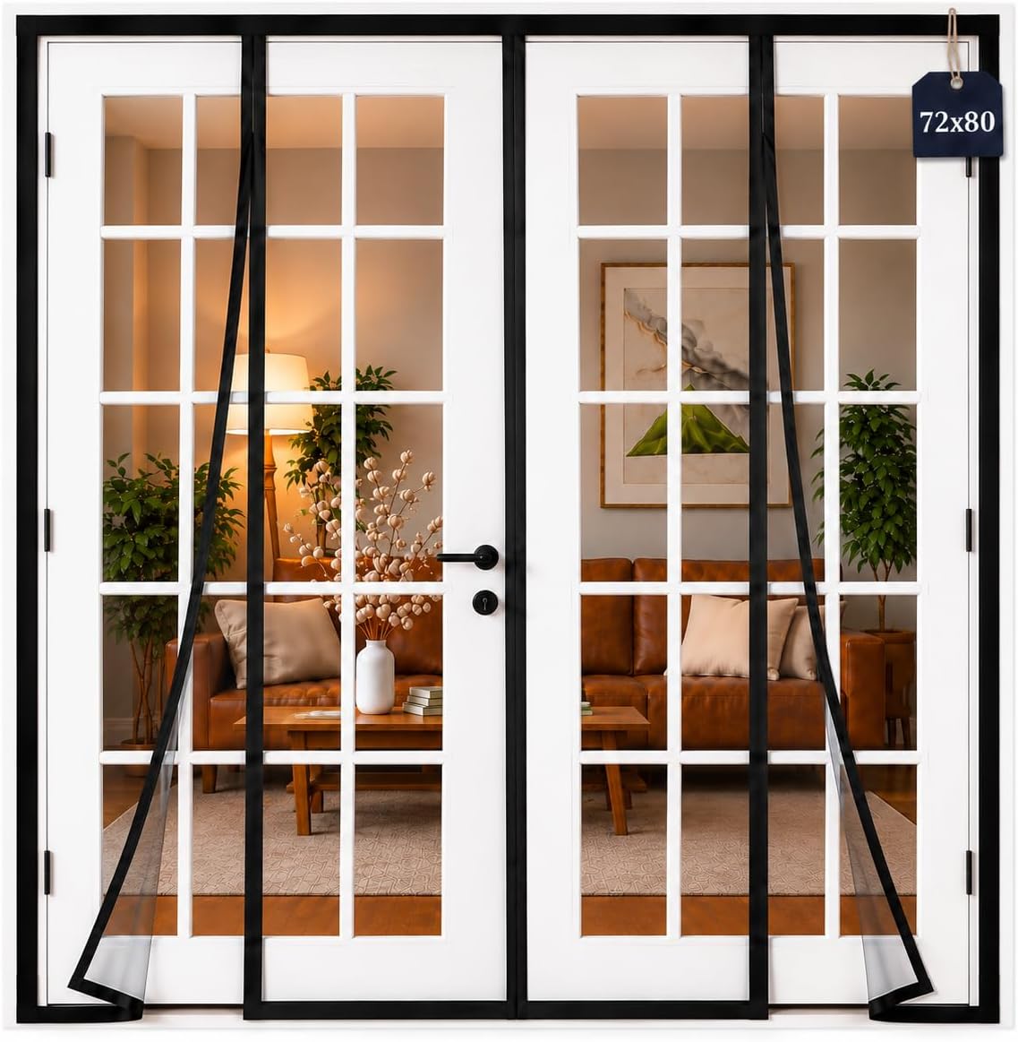 AUGO French Door Magnetic Screen Door - Self Sealing, Heavy Duty, Hands Free Mesh Partition Keeps Bugs Out - Pet and Kid Friendly - Patent Pending Keep Open Feature - 74 Inch x 81 Inch