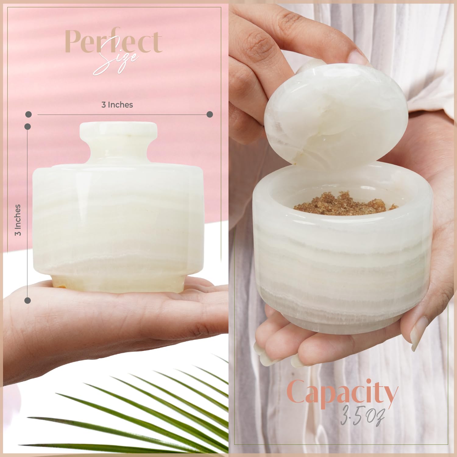 MARBLOUS KRAFTS stylish marble sugar dispenser 3" X 3" salt cellar, single salt container with lid (White Onyx) - Image 3