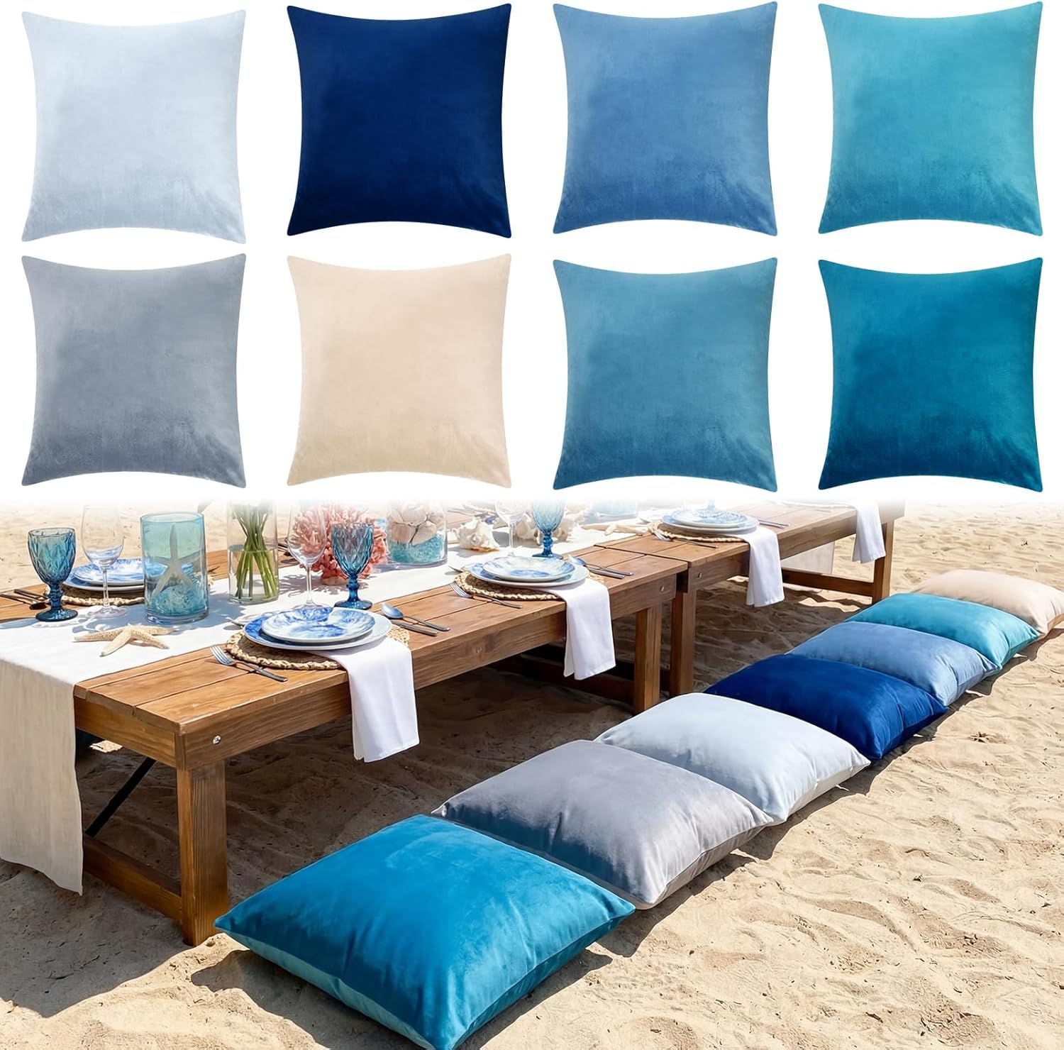 Mixweer 8 Pcs Picnic Pillow Covers 18x18 Inch Boho Aesthetic Velvet Throw Cushion Cases Luxury Picnic for Summer Birthday Bachelorette Tea Party Brunch Beach Backyard Bed Sofa Decor(Blue)