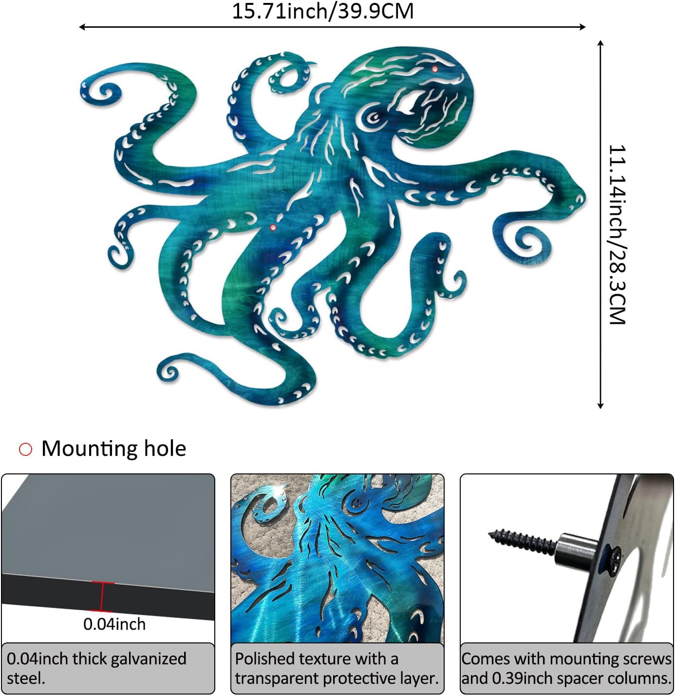 LiveInUrban Coastal Wall Art Octopus Metal Wall Sculptures, Ocean Beach Themed Metal Hanging Home Decoration 15.7"x11.1"
