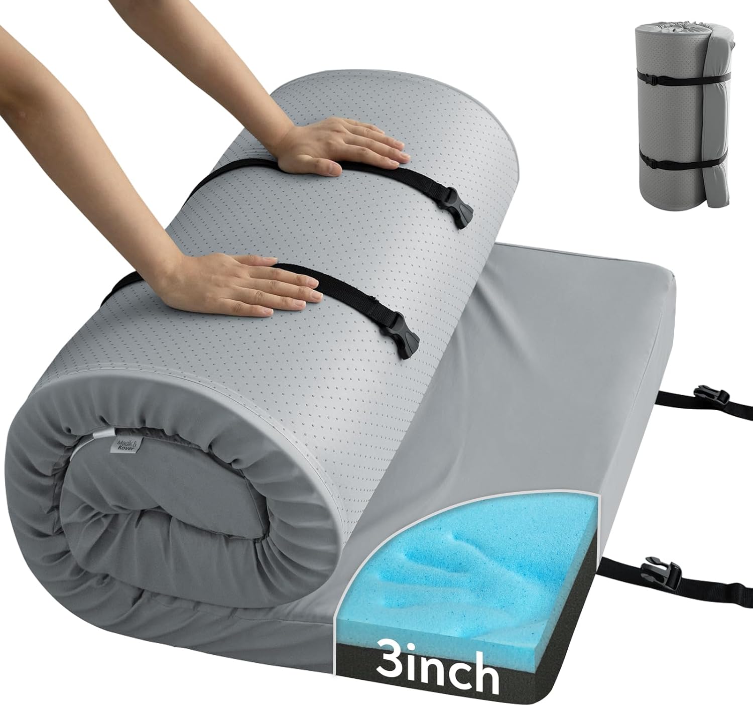 Memory Foam Camping Cot Mattress Pad with Waterproof Cover, 3 Inch Non-Slip Bottom Thick Sleeping Pad for Camping, Portable Roll up Cot Mattress Pad Mat for Travel Truck Bed Tent, 72"×24"×3", Gray