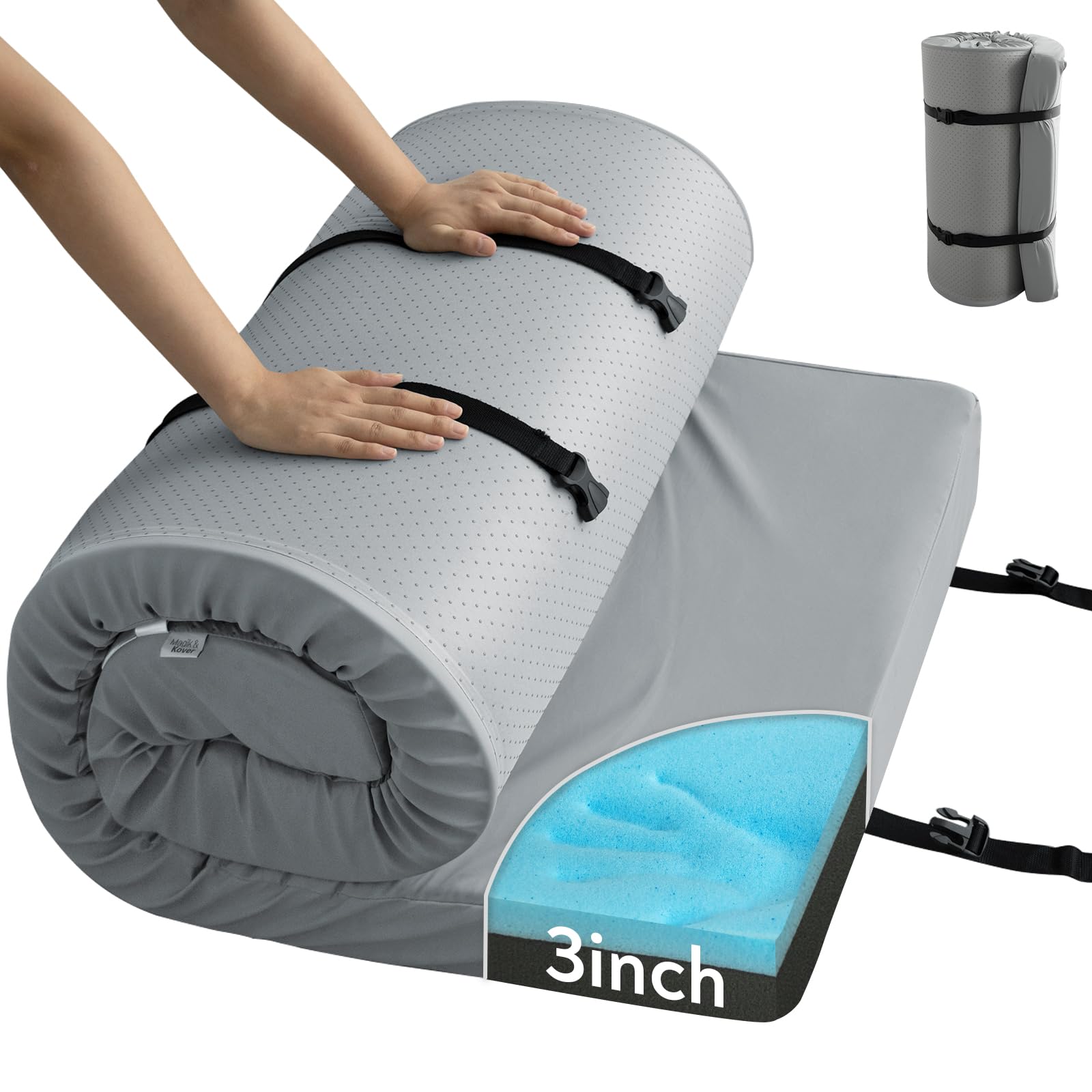 Memory Foam Camping Cot Pad, 7,6 cm Isomatte mit wasserdichter Abdeckung | Rutschfeste, tragbare Kinderbettunterlage für Reisen, LKW, Bett, Zelt, pflegeleicht, 183 x 61 x 7,6 cm, Grau