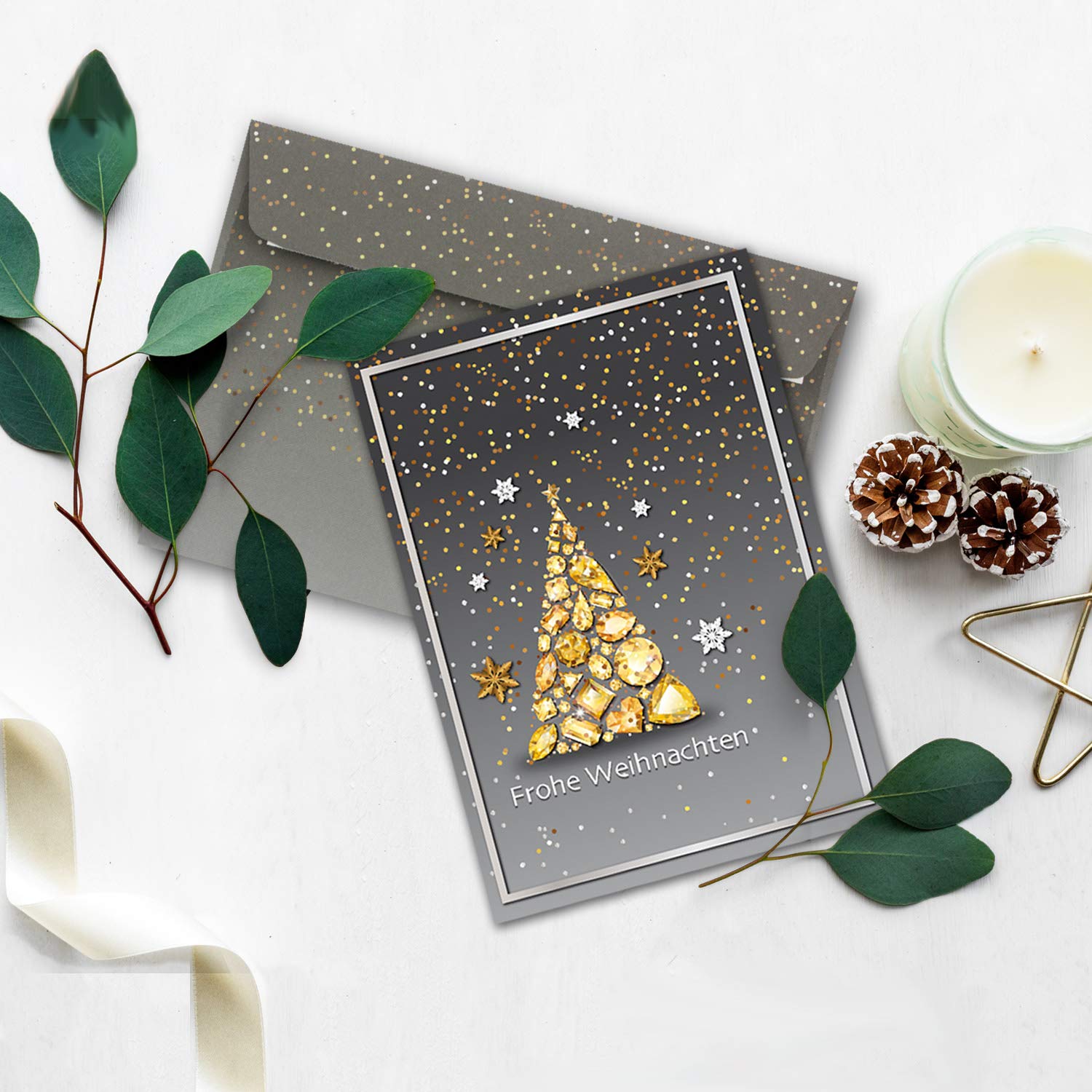 Juego de 75 tarjetas navideñas DIN A6 en gris con motivo de árbol de Navidad con piedras preciosas - Tarjetas plegables con sobres a juego DIN C6 en gris
