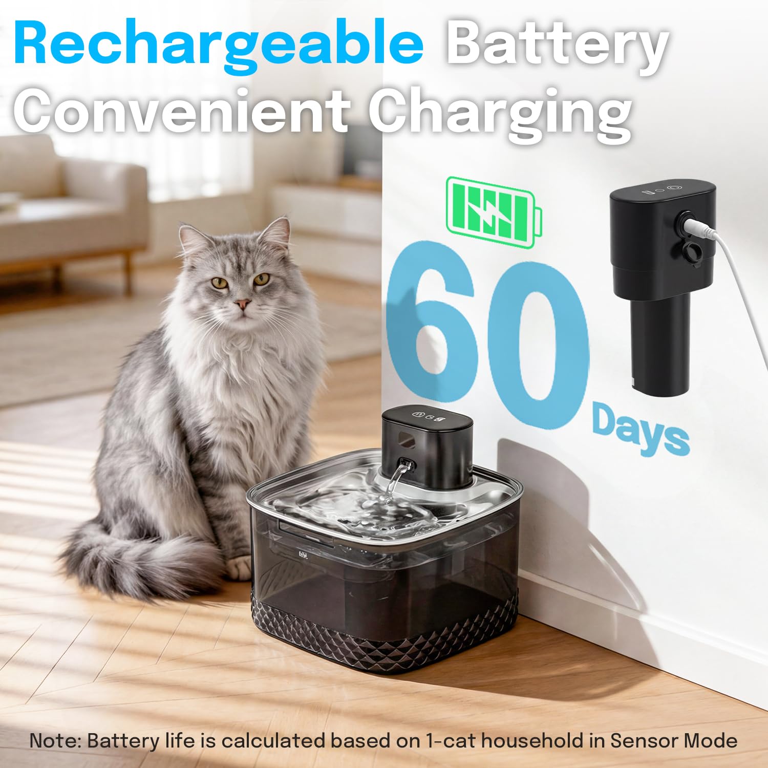 Petinstinct Wireless Cat Water Fountain, 2L Rechargeable Pet Fountain with Stainless Steel Tray, Ultra Quiet Pump, Motion Sensor & Anti-Dry Burn, Auto Water Dispenser for Cats Dogs, Black (1 Filter) - image 6
