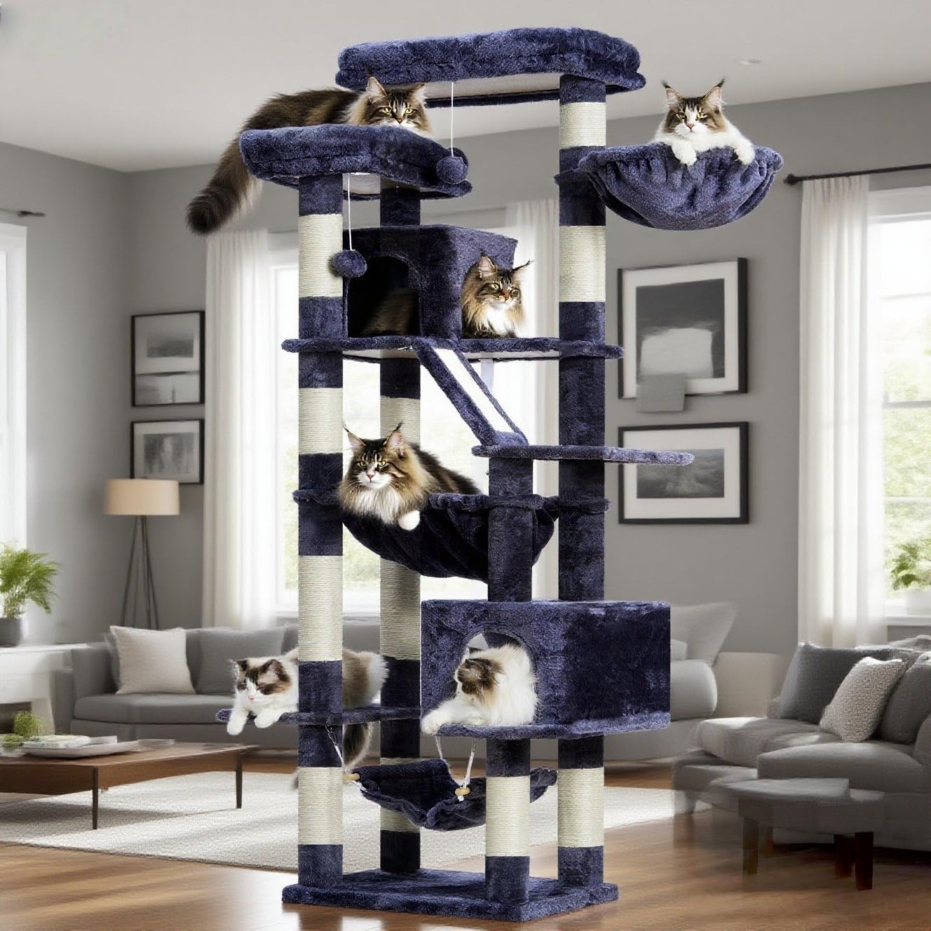 Heybly Cat Tree, 71-Inch-Tall Tower for Indoor Cats with 2 Perches, 2 Big Condos, 2 Hammocks, Basket, Scratching Pad, Large Cat Furniture and Condo, Smoky Gray HCT034G