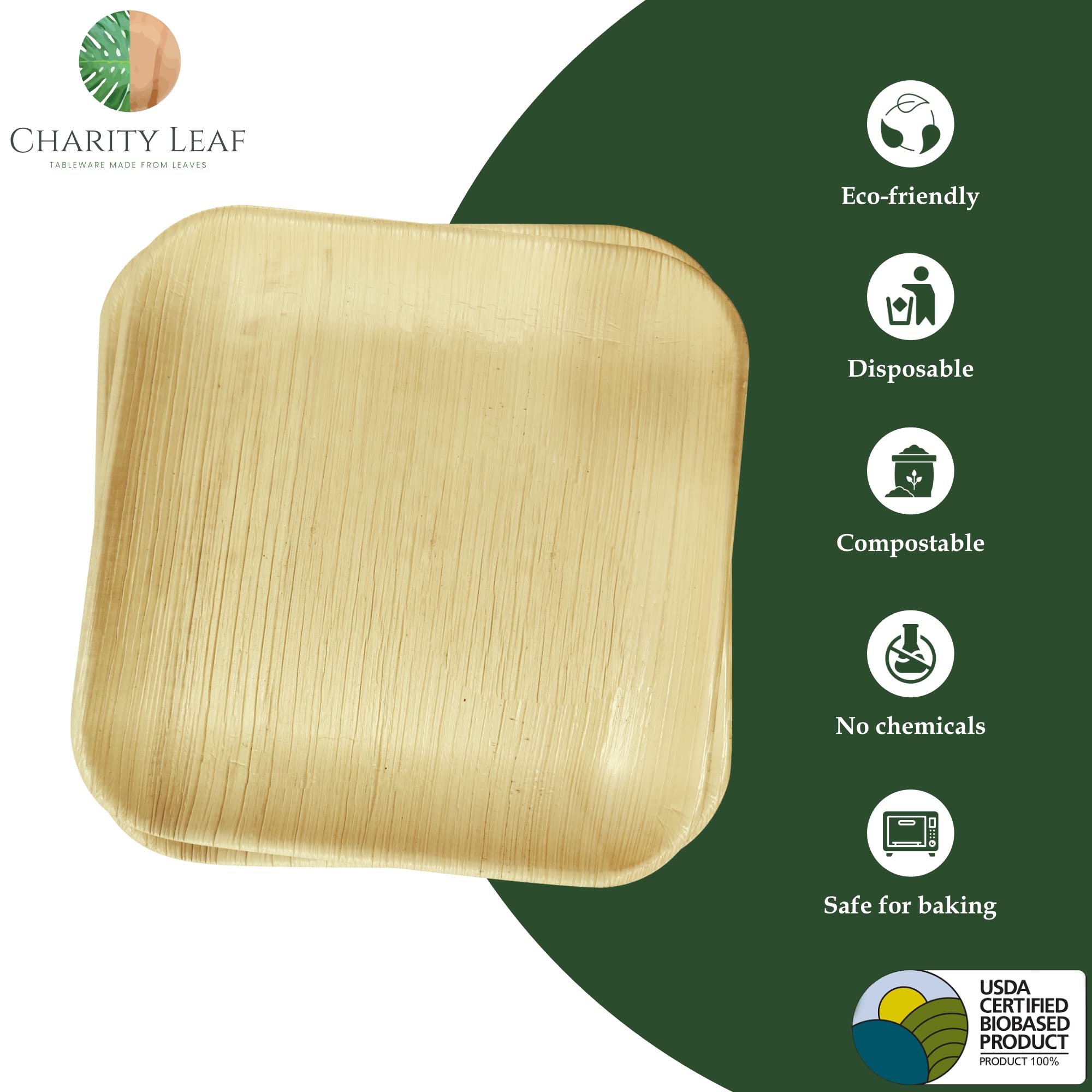 Charity Leaf - Juego de platos desechables de hoja de palma como platos cuadrados de bambú, totalmente naturales y biodegradables, bodas, tablas de embutidos, barbacoas y fiestas, platos cuadrados (50