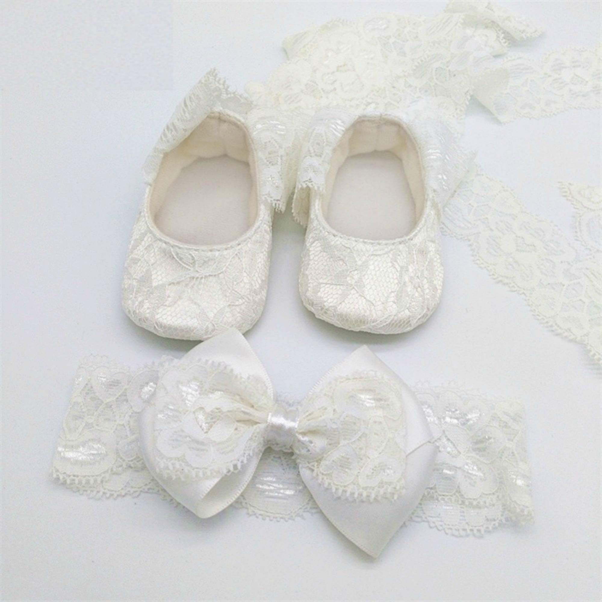 SET PIZZO FASCIA CAPELLI E BALLERINE IN PIZZO BIANCO BAMBINA NEONATA SCARPINE SCARPE ELEGANTI BATTESIMO CERIMONIA NASCITA 10 CM Brillabenny (0-3 Mesi)