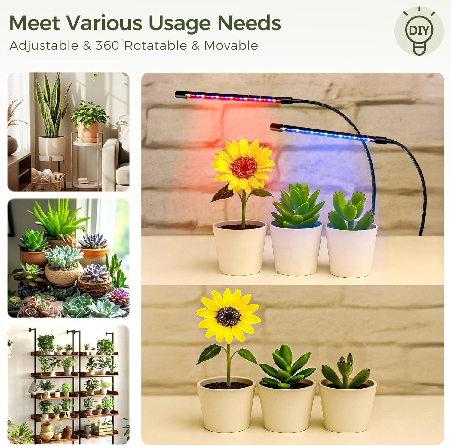 GREENSTELL Plant Stand with Grow Lights, Half Moon 7 Tiered Metal Plant Shelf, Multiple Tier Curved Ladder Flower Pot Stand Display Rack for Indoor Living Room Patio Garden Balcony Brown (1 Pack)