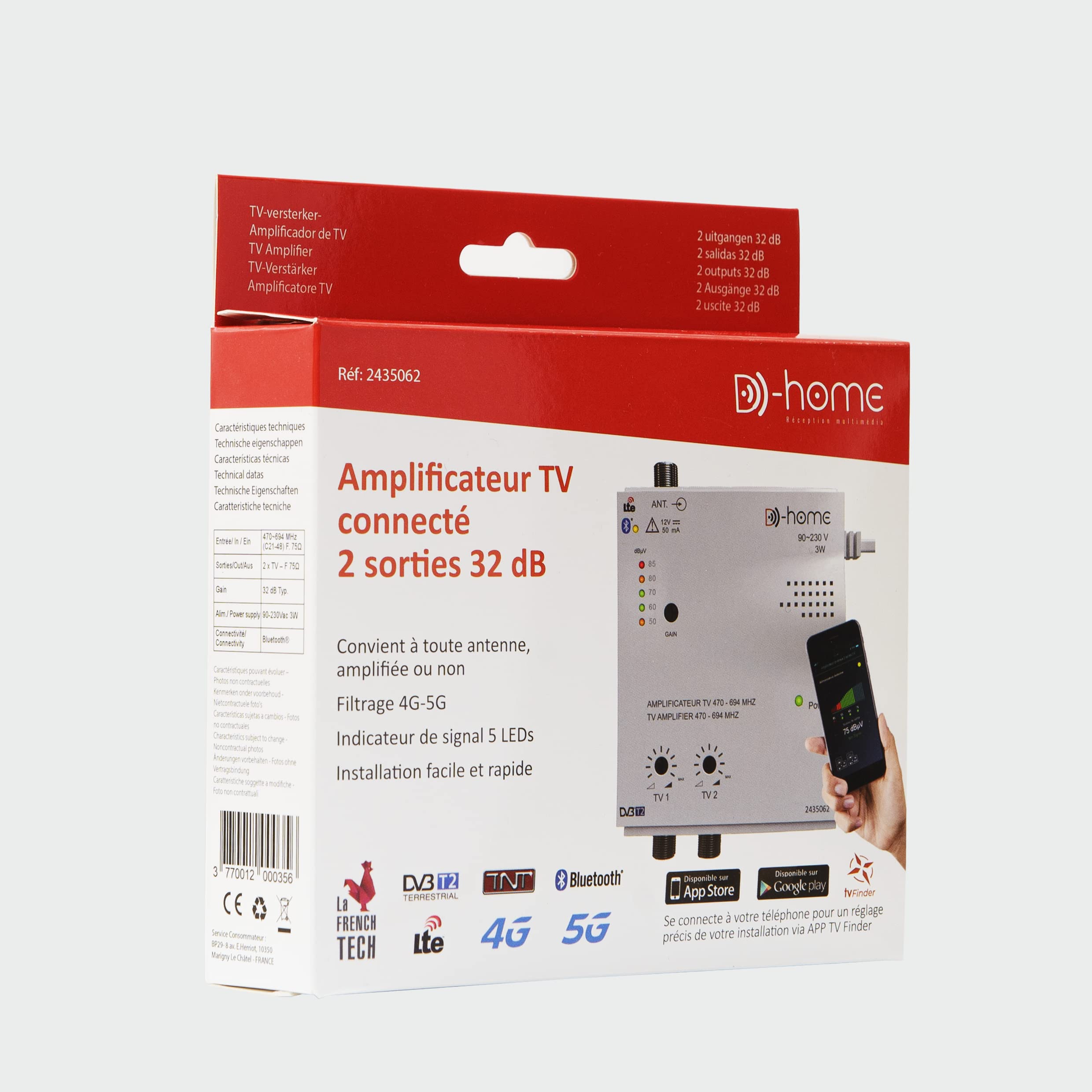 Amplificateur TV TNT Intérieur 32dB 2 Sorties Connecté Filtré 4G-5G avec App Mobile TV Finder