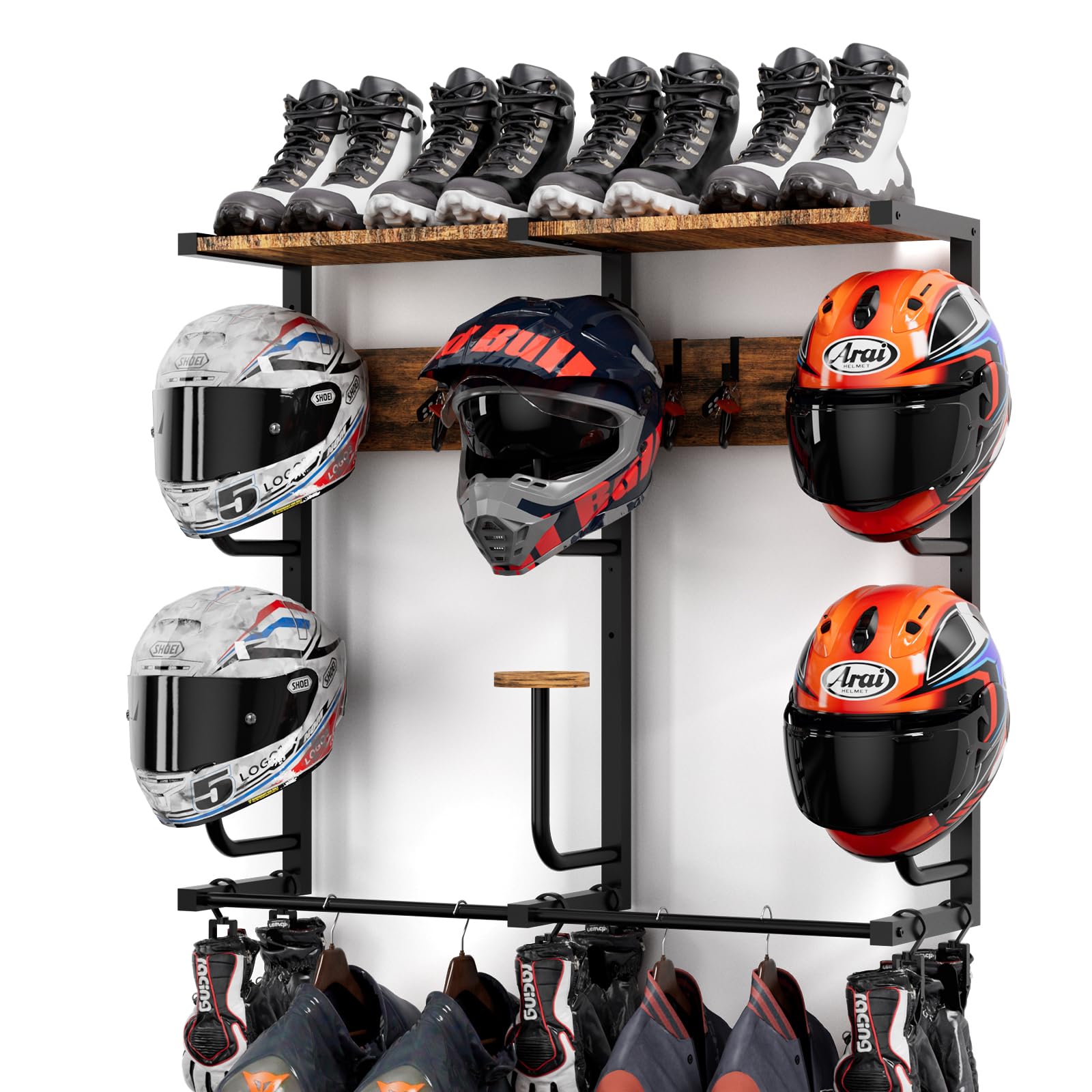 Motorcycle Helmet Rack with 6 J-hooks& 6 Clip Hooks – Wall Mounted Helmet Holder Stand for 6 Helmets, Riding Suits & Accessories, Sturdy Construction Storage Organizer for Entryway or Garage : Automotive