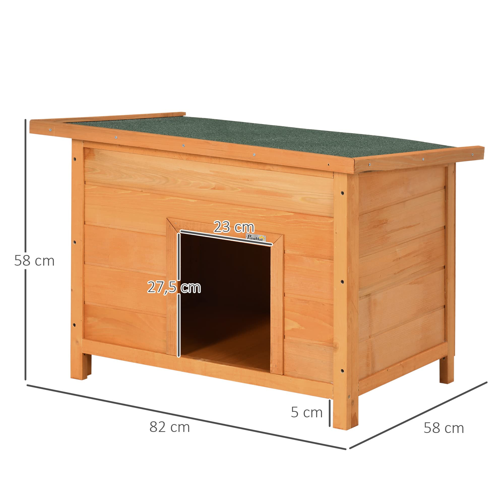 PawHut Niche pour Chien Chat en Bois sur Pied chenil Toit ouvrant bitumé 85 x 58 x 58 cm pin Massif pré-huilé Marron Vert
