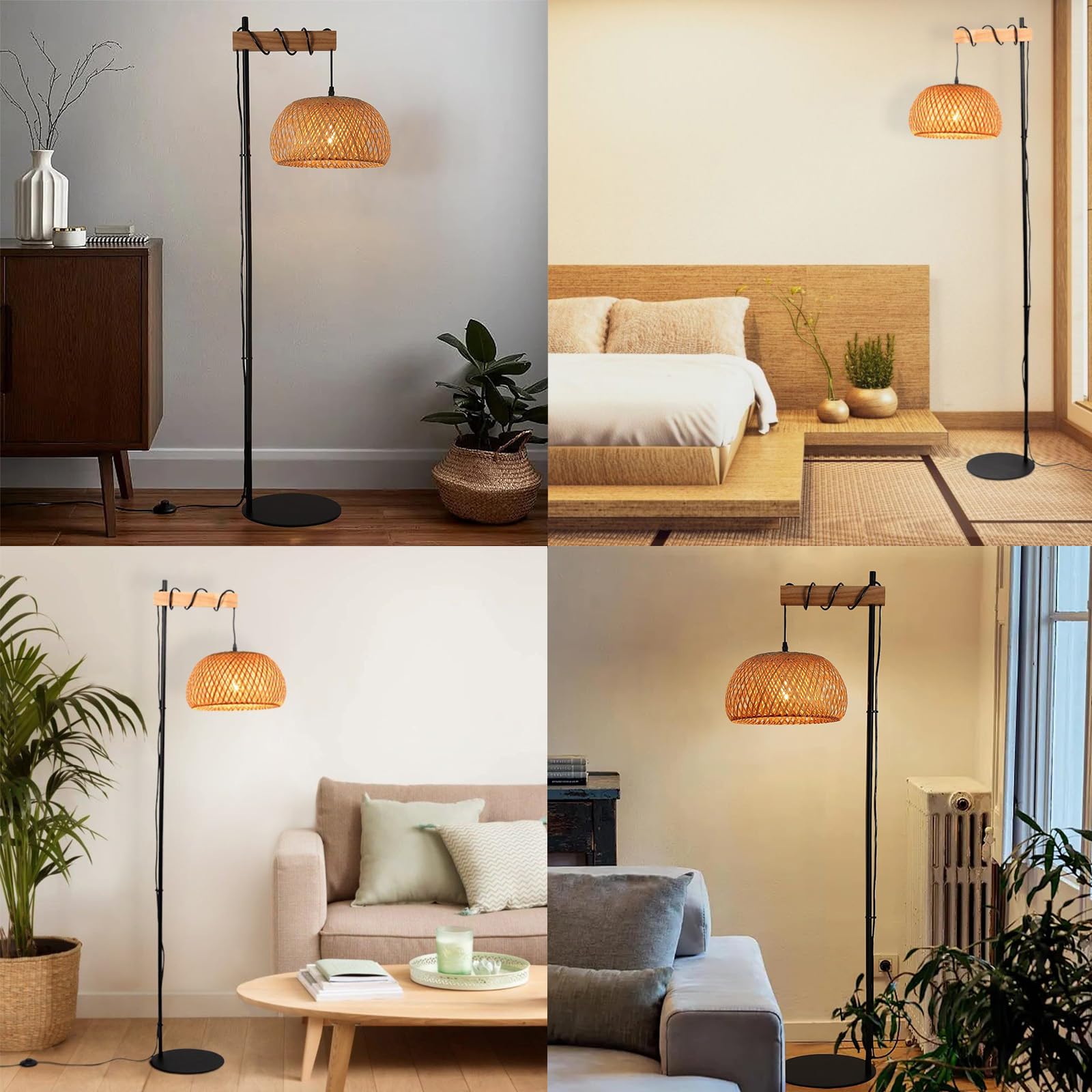 Alpinaluz Lámpara de Pie con Pantalla de Mimbre Natural Hecha a Mano – Estructura Negra y Madera, Base Ultrafina, Interruptor de Pie – Estilo Moderno Boho, Altura 157 cm, E27