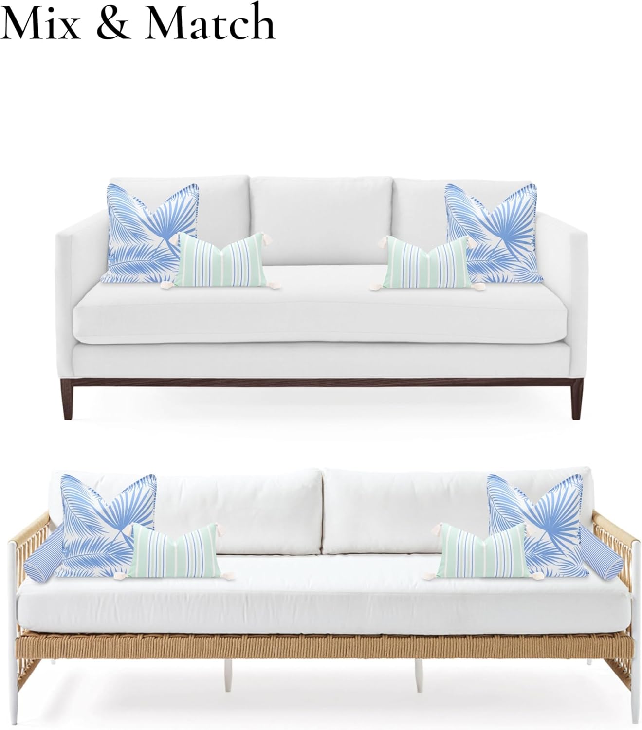 Hofdeco Premium Coastal Patio Indoor Outdoor Lumbar Pillow Cover Only, 12"x20" Water Repellent for Backyard, Couch, Muted Aqua Cornflower Blue Stripe Tassel