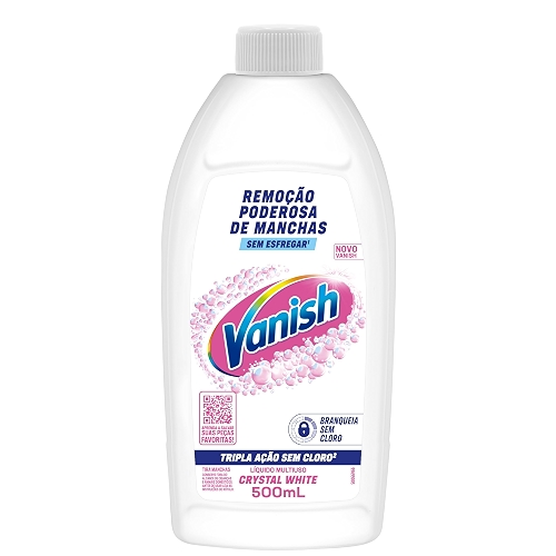 Tira Manchas Líquido Vanish White 500ml para Roupas Brancas. Sem Cloro, remove manchas sem danificar os tecidos e deixa o branco até 5 tons mais branco. Confie em Vanish.