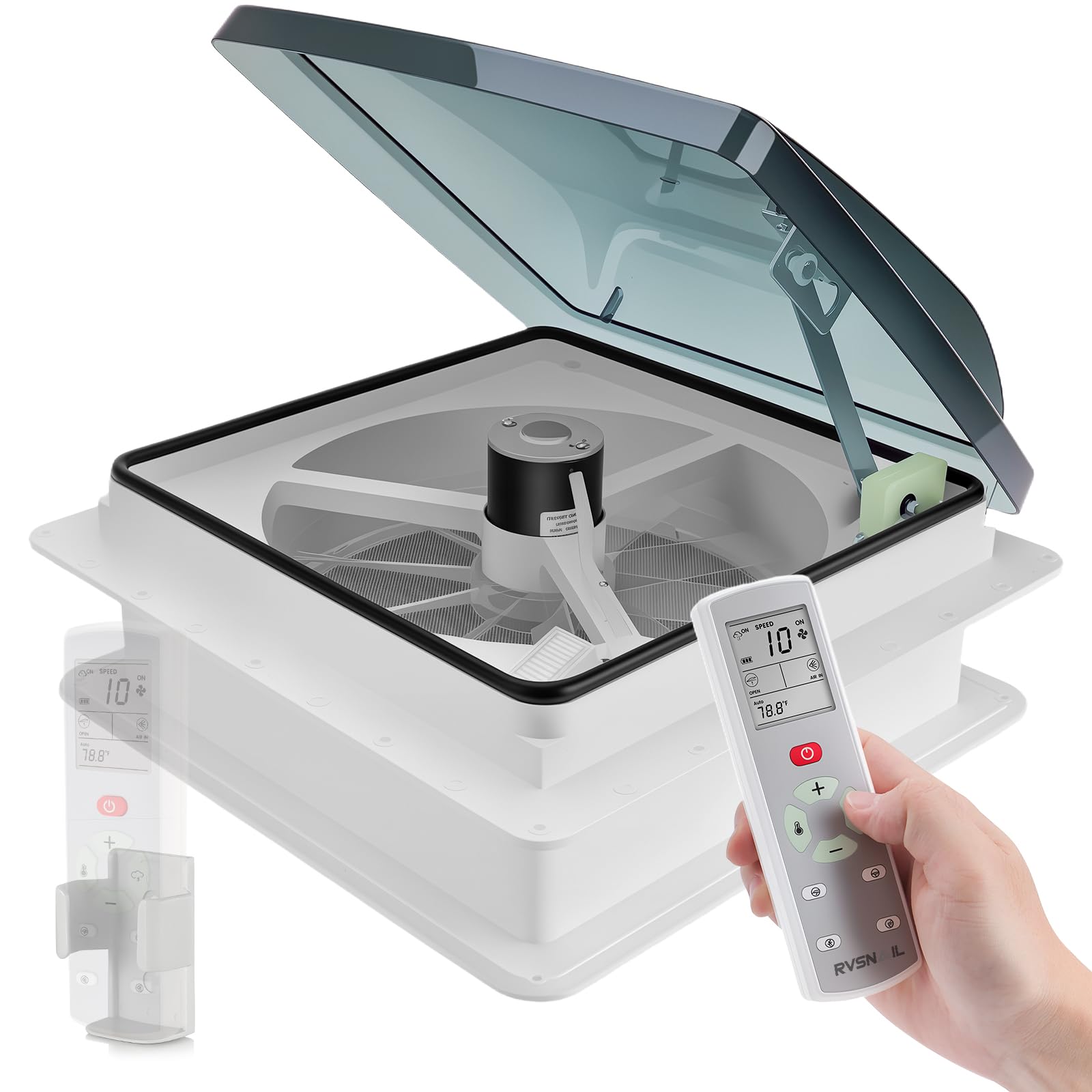 Photo 1 of RVSNAIL 14" RV Roof Vent Fan with 10-Speed Reversible Control - 12V Super Quiet Motor for Camper Trailer Bathroom - Includes Remote, Temperature & Rain Sensor, Removable Screen - Energy Efficient
