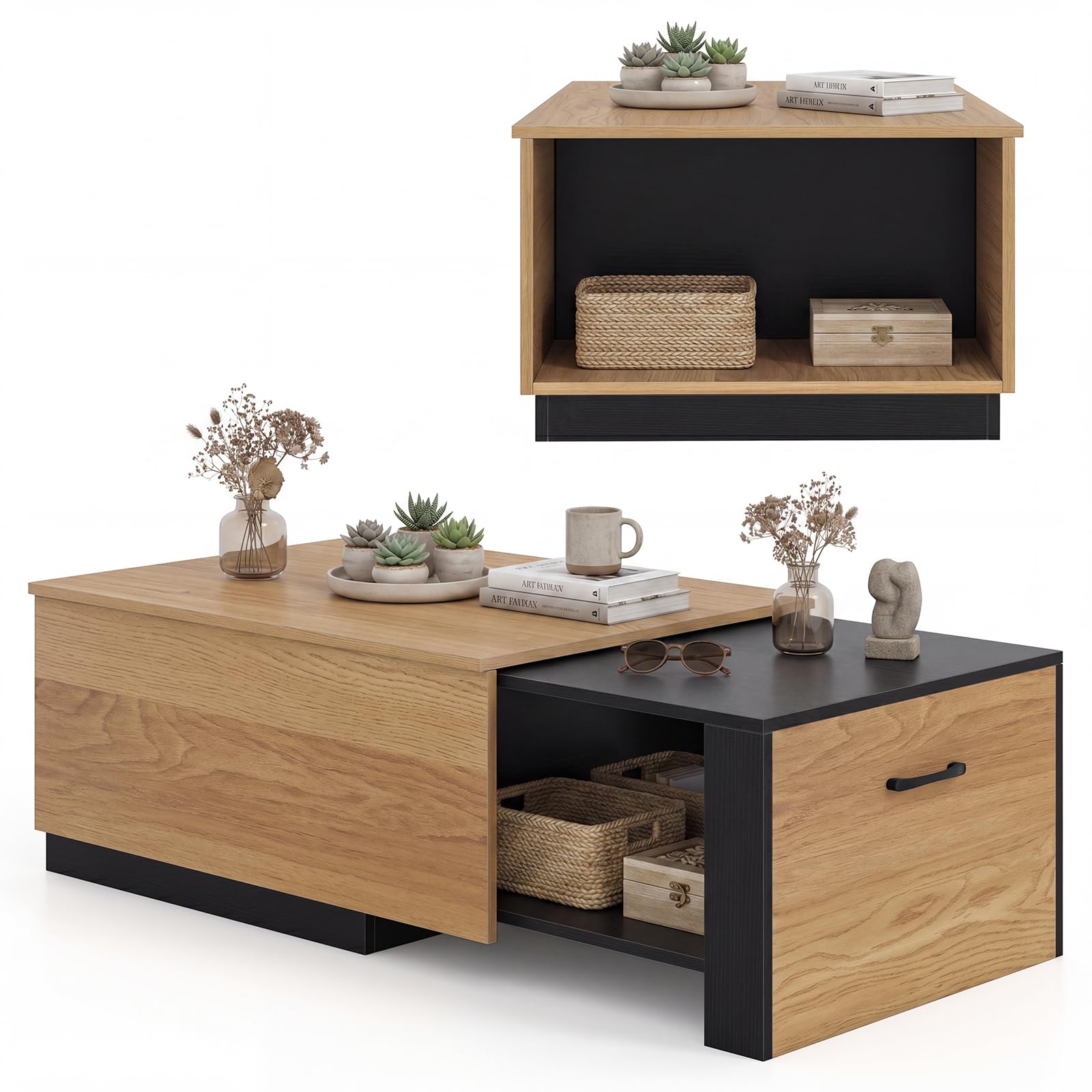 COSTWAY Extendable Coffee Table with 2 Storage Compartments & Sliding Top