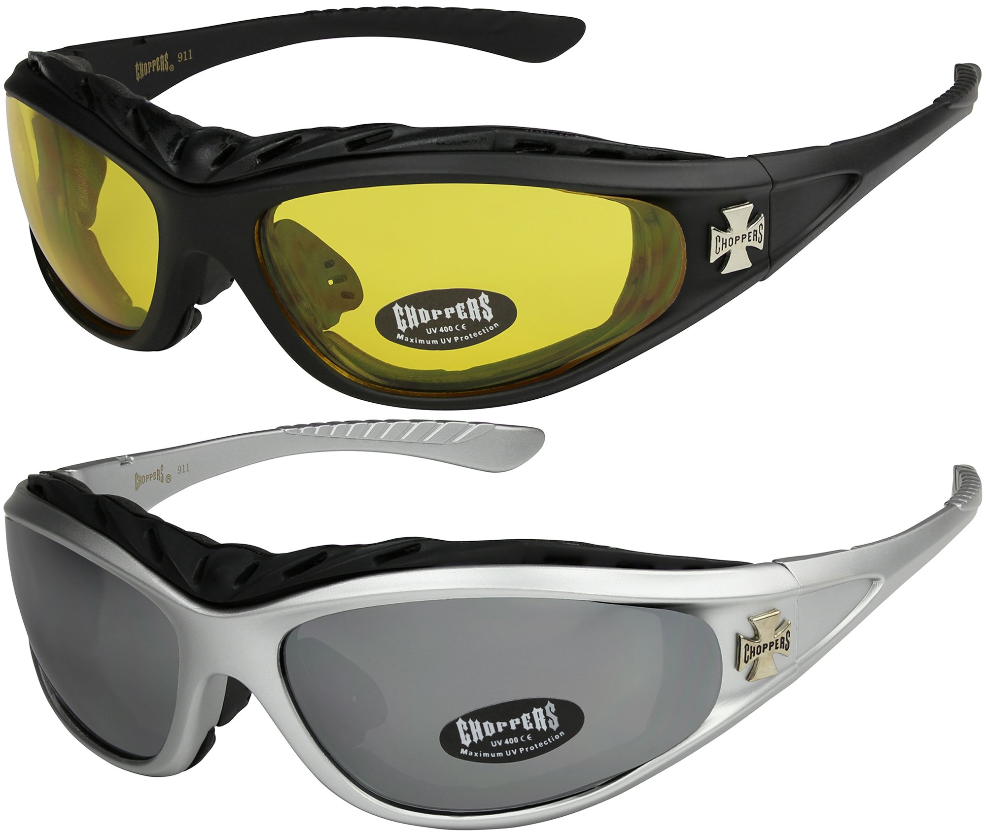 X-CRUZE 2er Pack Choppers 911 Sonnenbrillen Motorradbrille Sportbrille Radbrille mit Polsterung in den Farben schwarz, anthrazit, silber und weiß, 1x Modell 03 und 1x Modell 06, Einheitsgröße