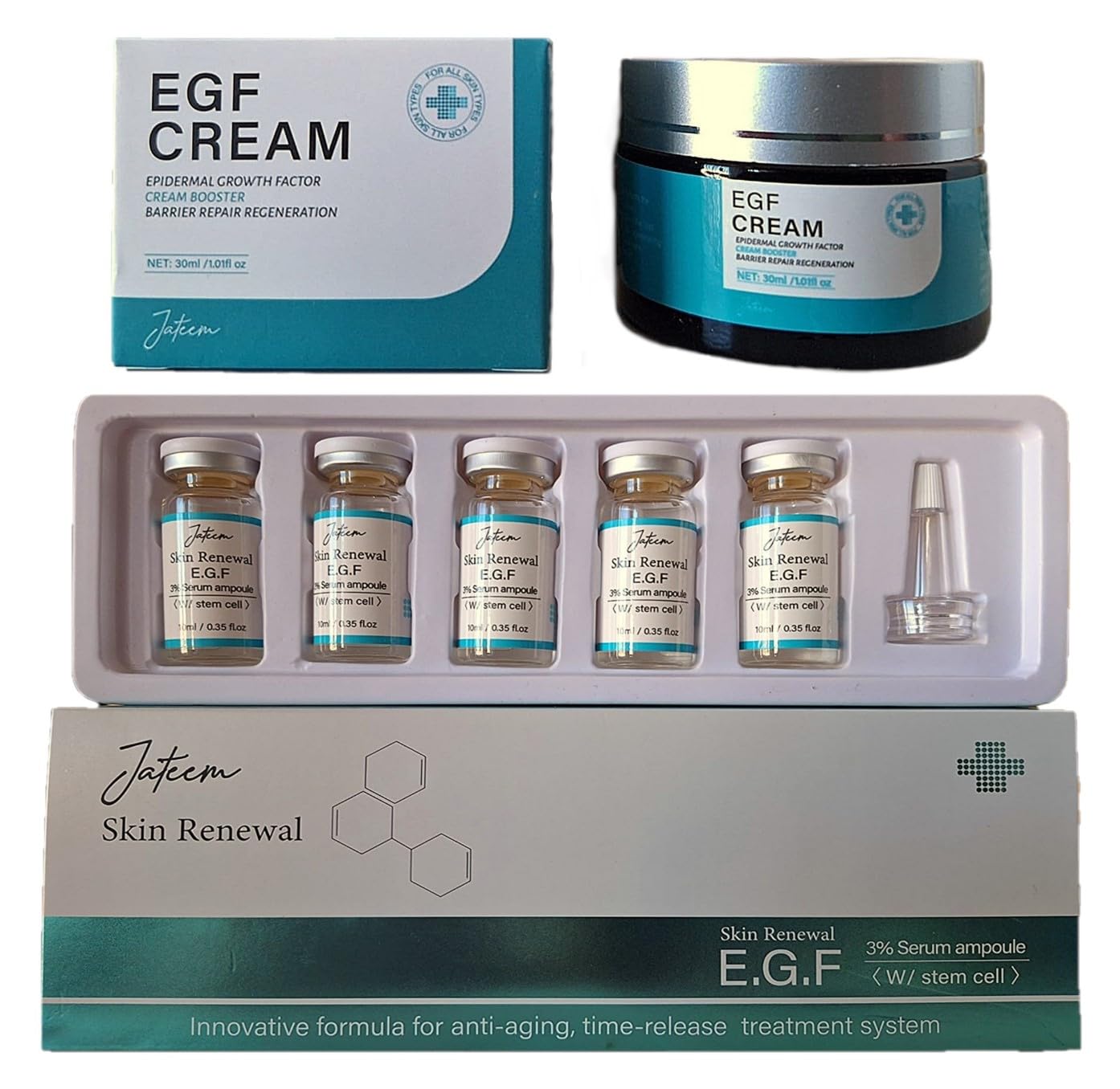 Set aus Creme EGF und Serum Ampullen 5mlx10 St, Oligopeptide Konzentrat für Hautbilderneuerung, Narben, Falten, Flecken Konzentrat, Microneedling, Lifting, Made in DE