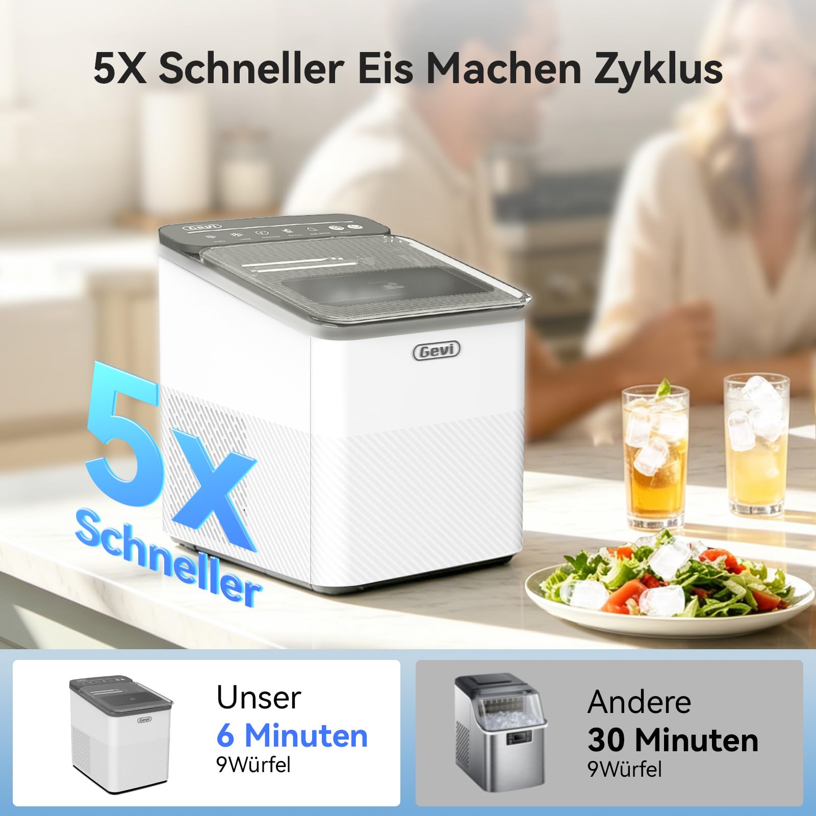 GEVI Klein Eiswürfelmaschine Crushed Ice - Eiswürfelmaschine Mini Selbstreinigend, 9 Eiswürfel in 6 Minuten, 12 kg/24H, Verdampfer Aus Essbarem Edelstahl SUS304 für Hausbar/Camping/Catering/Büro