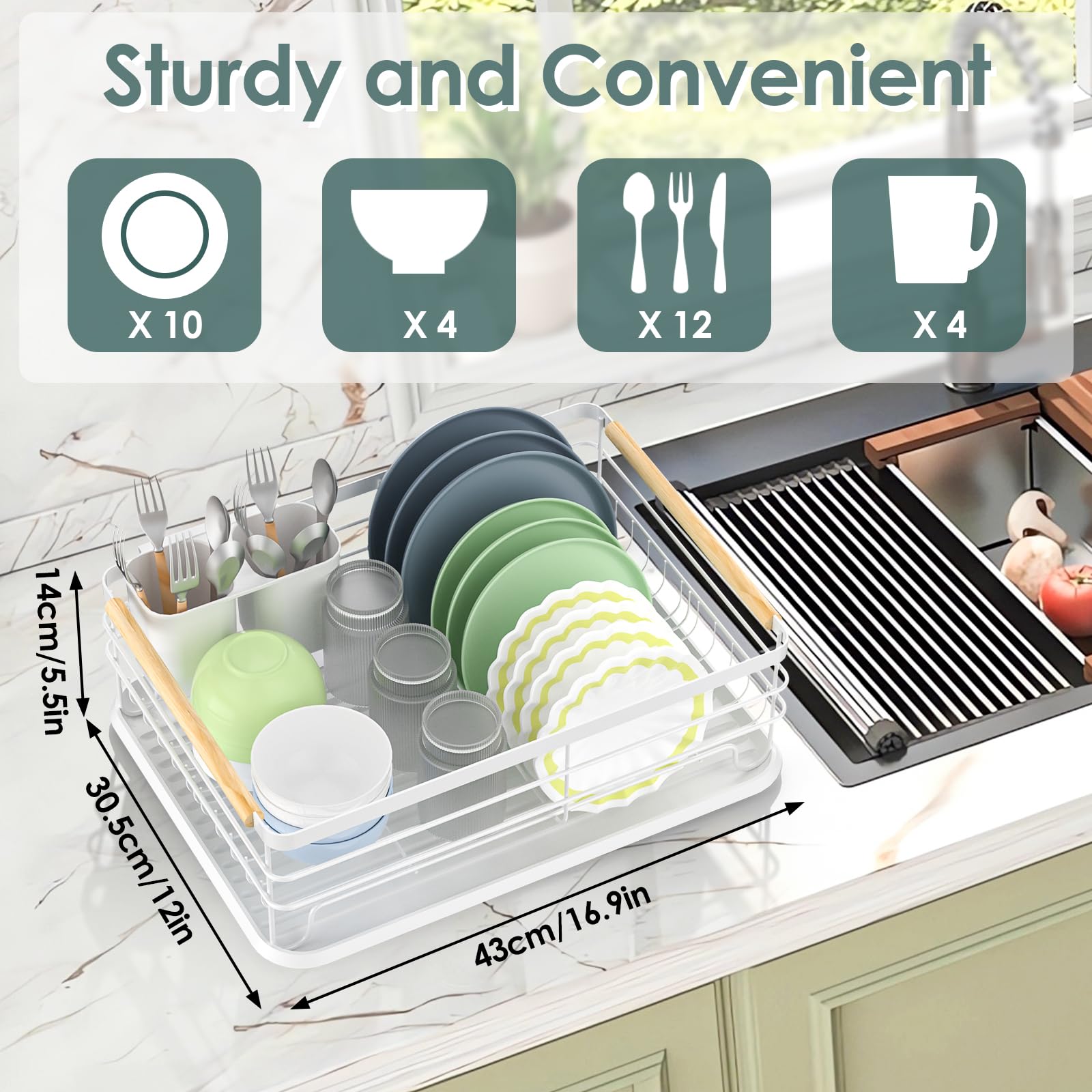 Dreamhigh Escurridor de Platos, Escurridor de Platos para Fregadero con Bandejas de Goteo Extraible,Soporte de Cubiertos, Soporte de Vaso, Apto para Familia de 3-5 Personas
