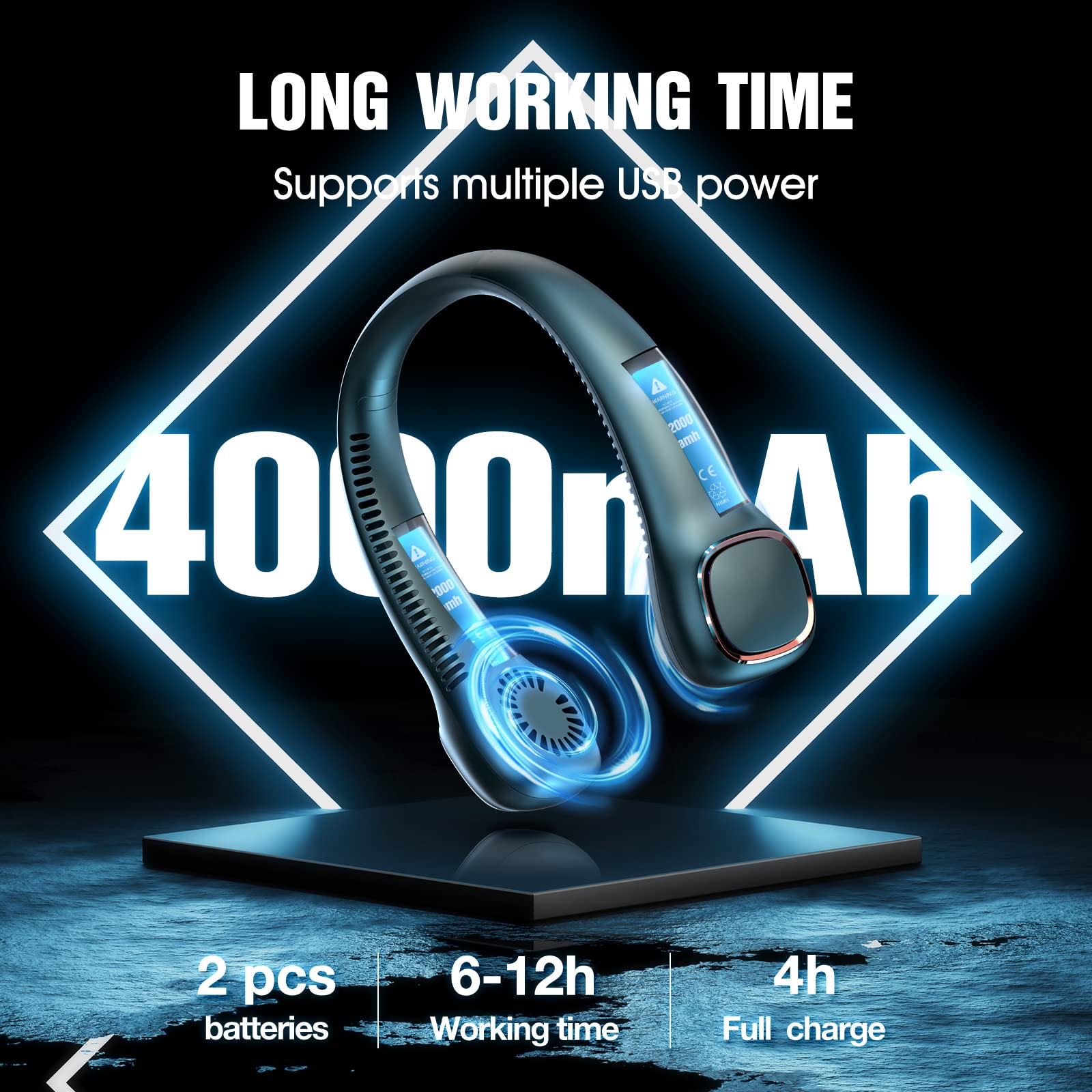 Dancial Ventilatore da collo USB,Ventilatore Ricaricabile USB con Batteria da 4000 mAh, Ventilatore Portatile Senza Pale a 3 Velocità per Escursionismo, Ufficio, Viaggi, Esterno