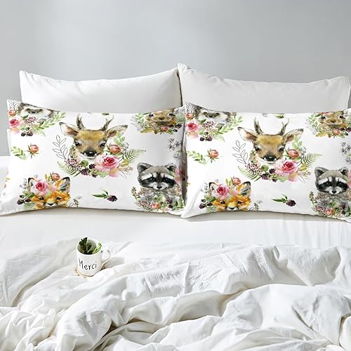 Miniatura 4 de Funda de edredón de animales salvajes con diseño de flores bohemias para niños, niñas, juego de ropa de cama de conejo erizo, zorro, mapache, juego