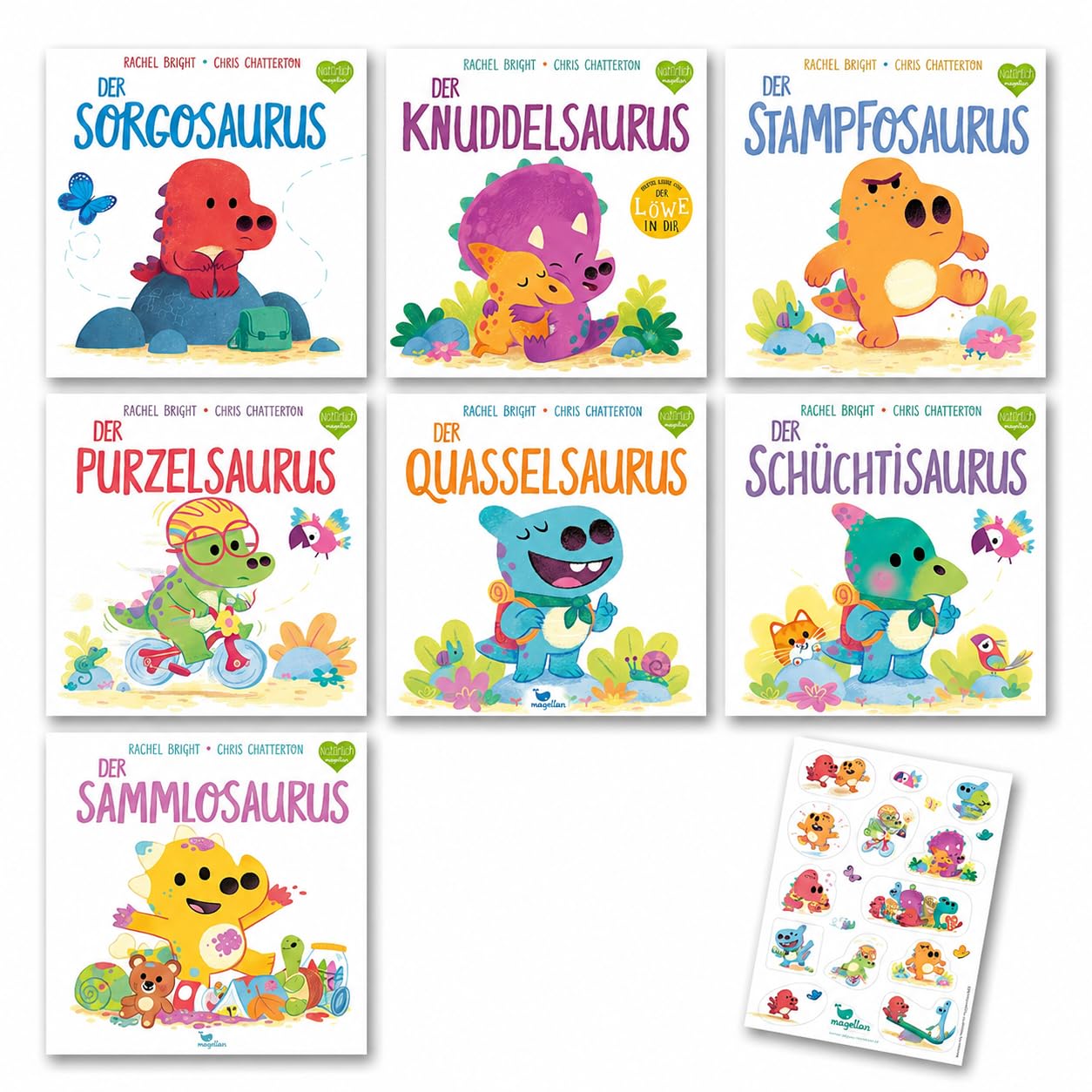 Rachel Bright - Bilder-Buchset für Kinder ab 3 Jahren: Sorgosaurus, Knuddelsaurus, Stampfosaurus, Purzelsaurus, Quasselsaurus, Schüchtisaurus, Sammlosaurus mit einem exklusiven Aufkleberbogen "Saurus"