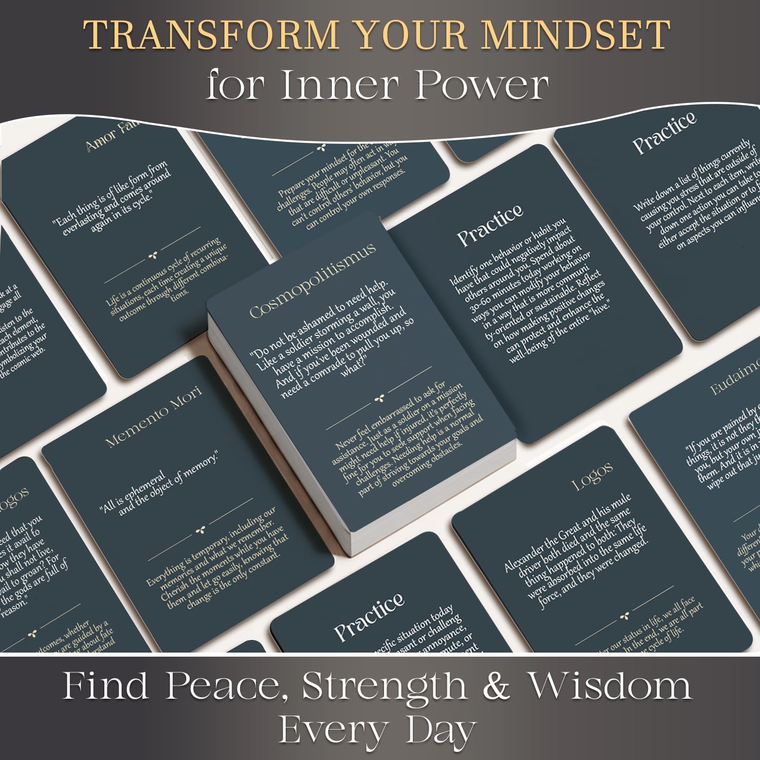 122 Daily Stoic Quotes with Explanations & Practices, Marcus Aurelius Stoicism Cards, Wooden Stand, Gift Box, Inner Strength Wisdom Stoic Reminders, Mindfulness Deck, Unique Home Office Gifts Décor