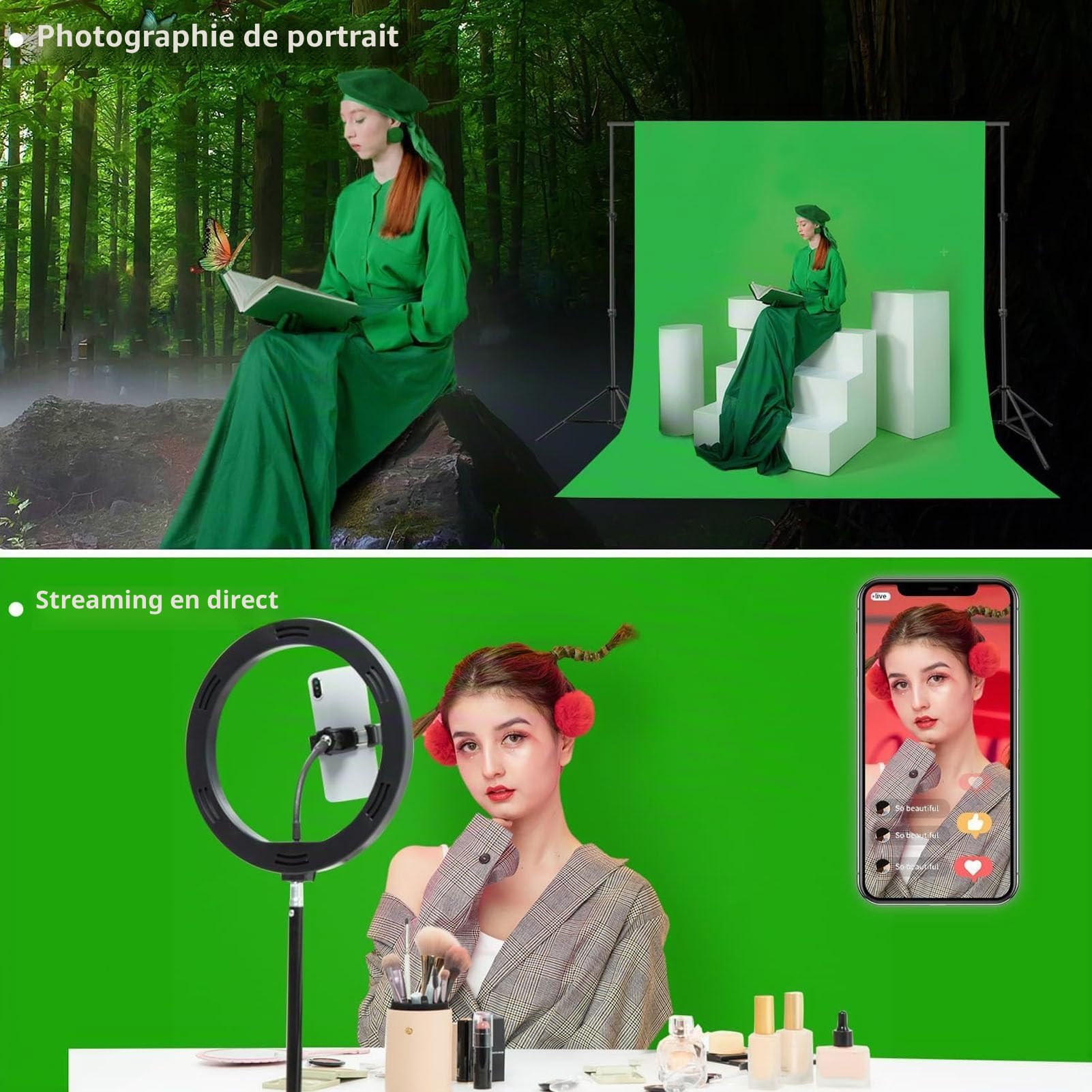 Kit de support Green Screen Backdrop - Toile de fond portable pour écran vert de 5 x 6,5 m avec support en forme de T et 5 clips pour le streaming, le jeu, le zoom