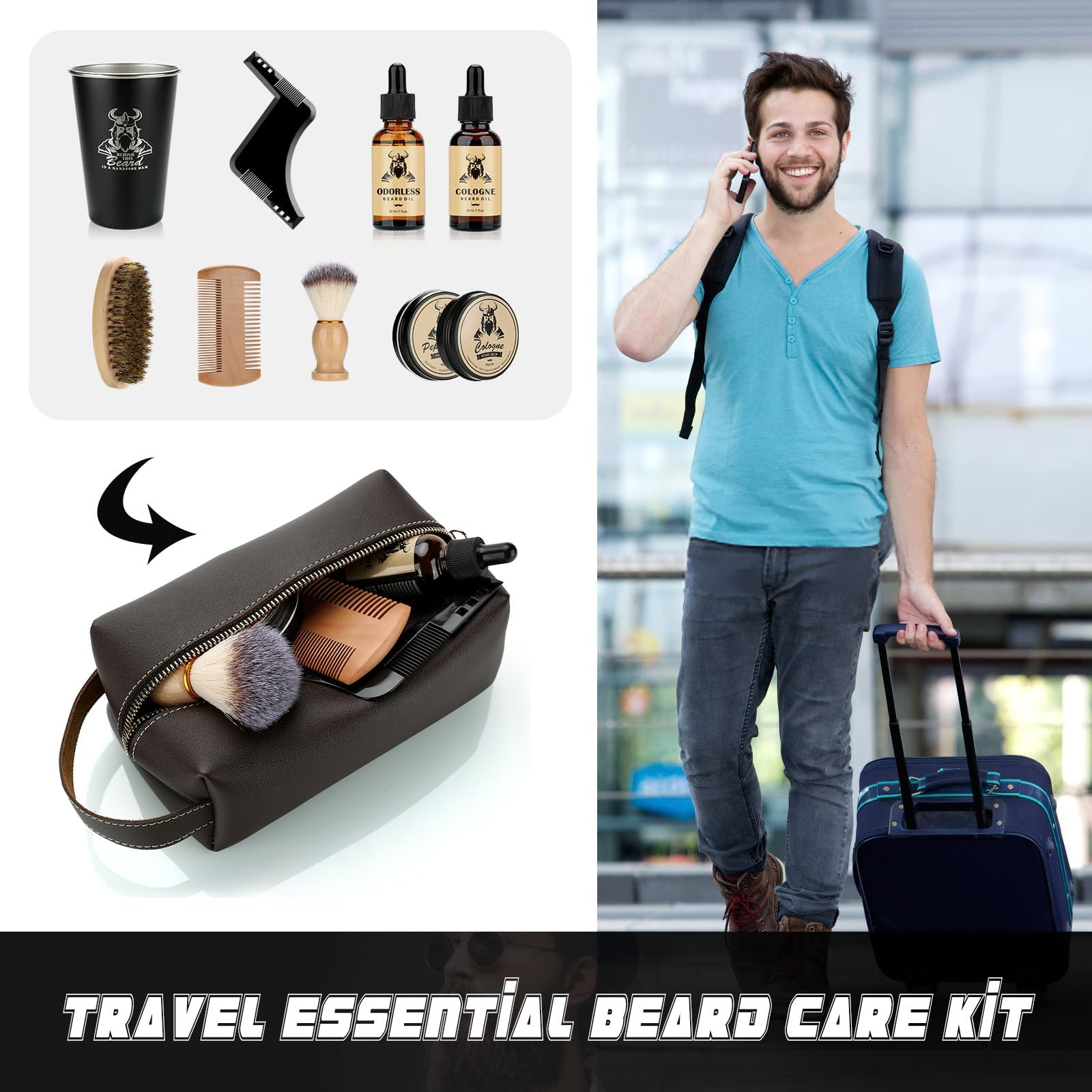 EXREIZSTKit Barbe homme,coffret barbe homme2Huile de croissance de la barbe, baume, blaireau, peigne, savon de rasage,Tasse en acier inoxydable rangementconvient aux cadeaux d'anniversaire pour homme