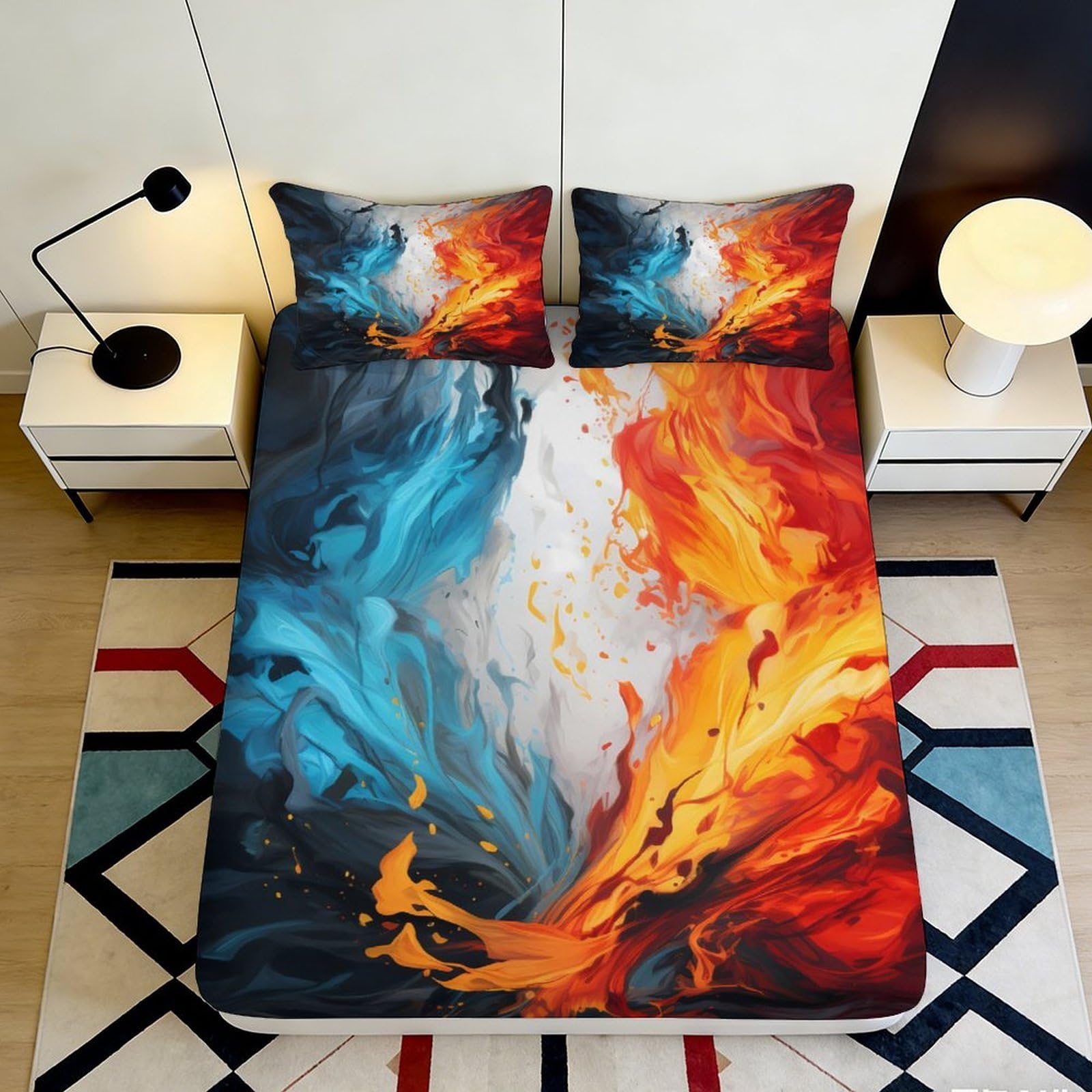3D Printed Fire and Ice Fitted Sheet Microfiber Soft Breathable Abstract Flame Splash Mattress Cover for Bedroom Dorm Decor 160x200x25cm