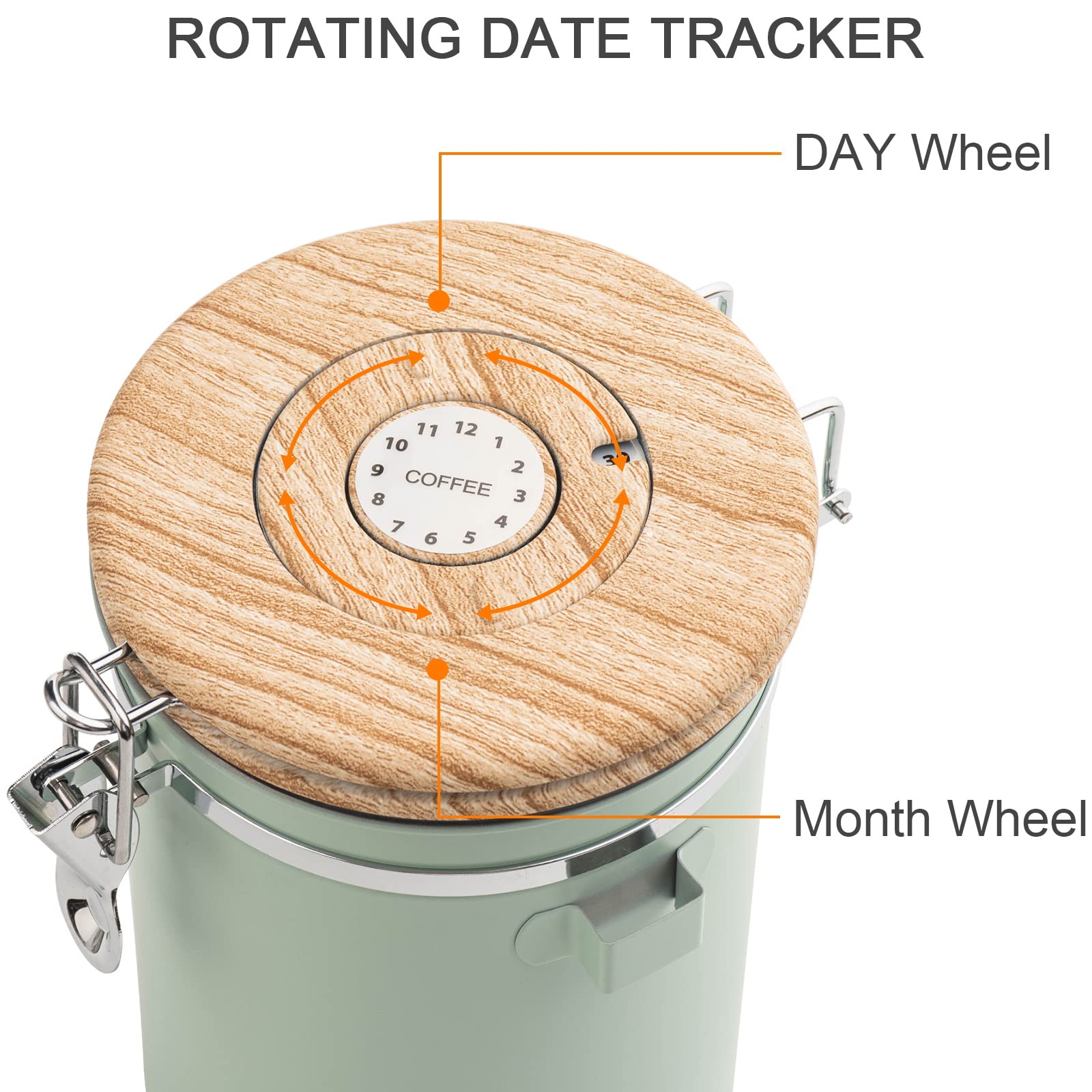 Contenedor de café de acero inoxidable de gran capacidad de 1.8L/60floz con tapa voladiza sellada ventana transparente fecha Tracker y cuchara, verde