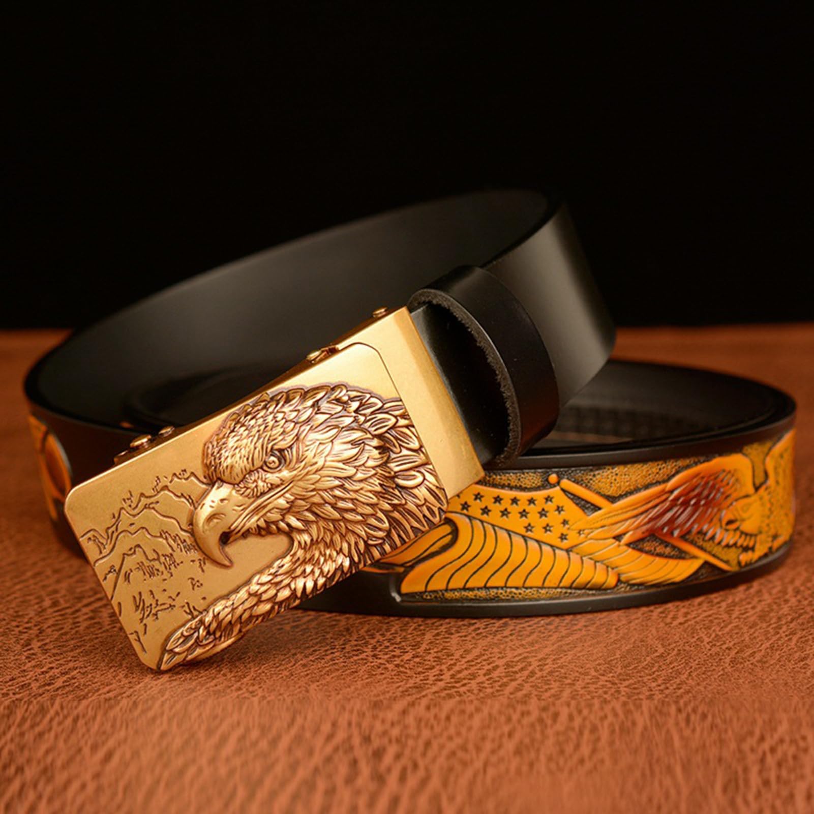 Cinturón De Cuero For Hombre Con Diseño Águila, Hebilla Trinquete Automática Deslizante, Dorada Tallada, Ajuste A Medida, 35 Mm Ancho