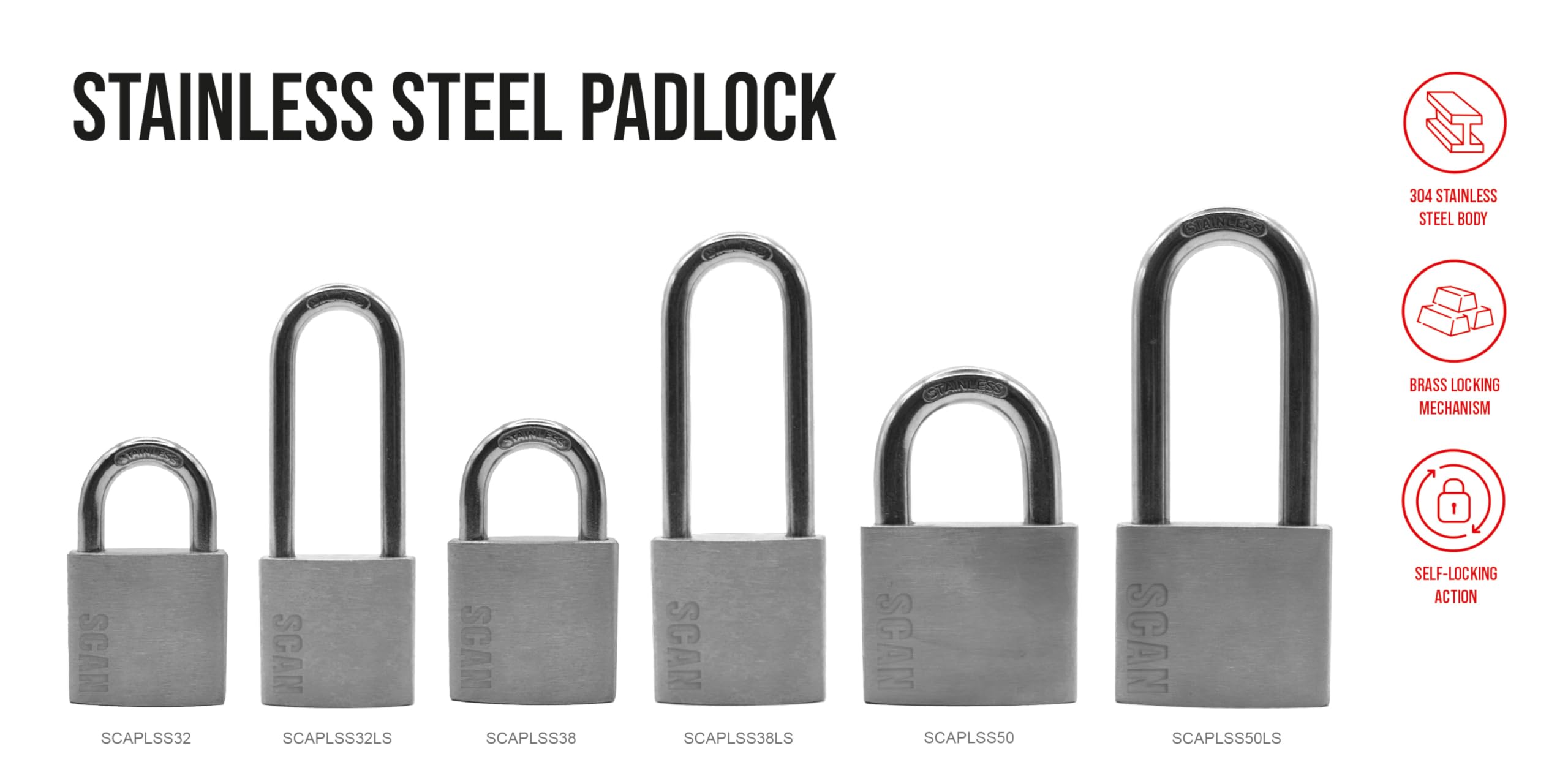 SCAN SCAPLSS32 Stainless Steel Padlock, Silver - Image 2